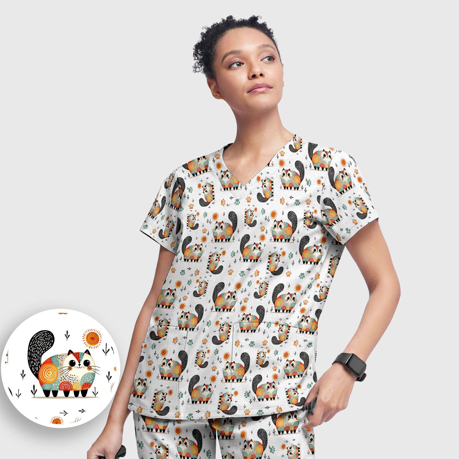 Playful Cat Illustration Women's Scrub Set, Breathable Med Uniform