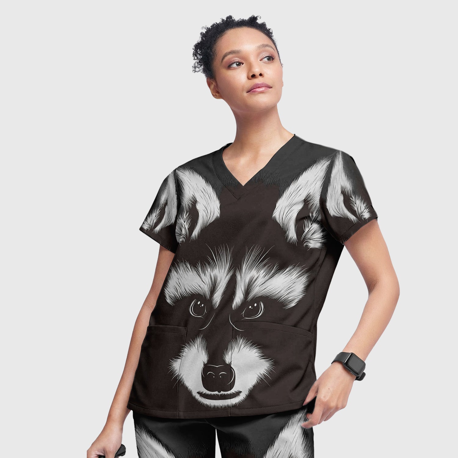 Black White Raccoon Face Pattern Scrub Set, Scrub Pants and V Neck Top