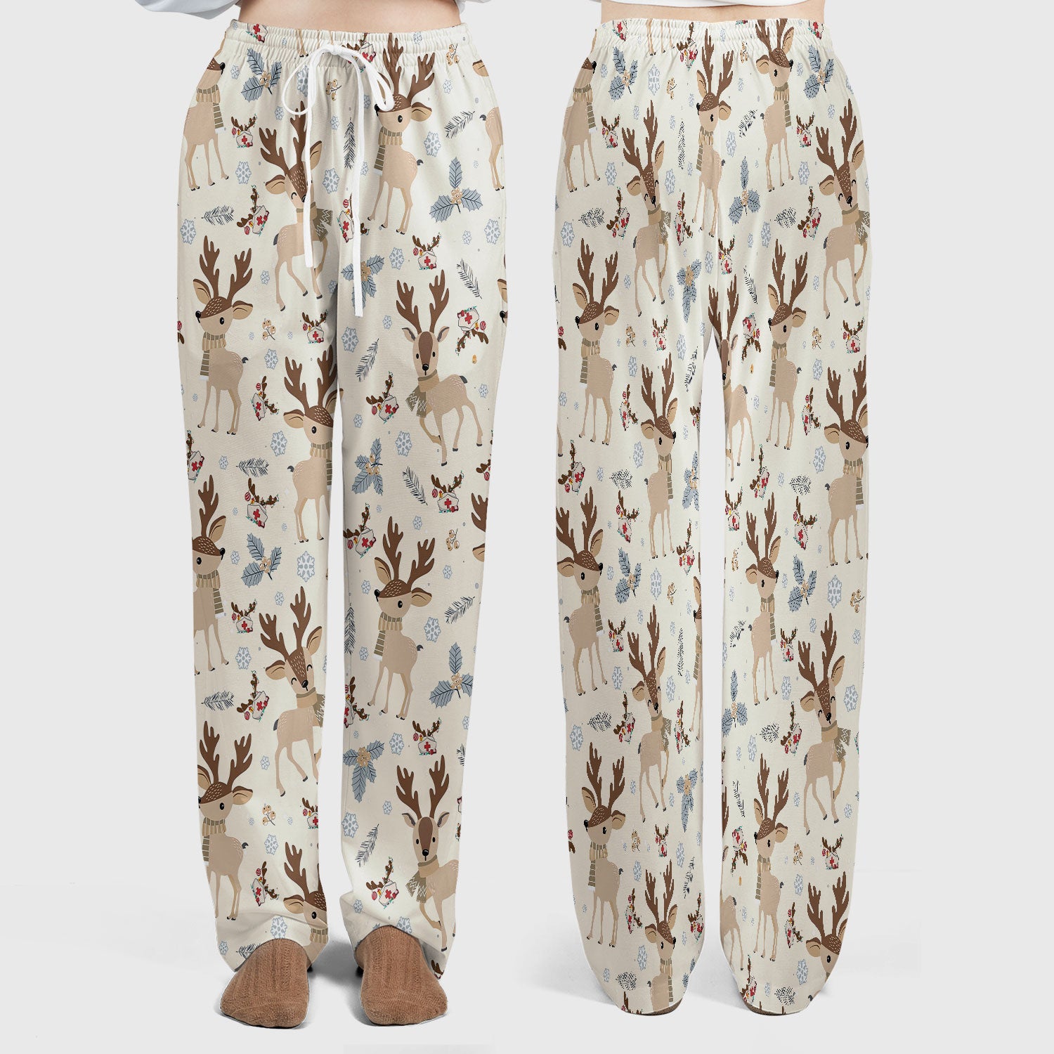 Reindeer Christmas Scrub Set - Cozy Beige Holiday Nurse Shirt with Cute Deer Pattern - Festive Medical Scrubs Pants and V Neck Top