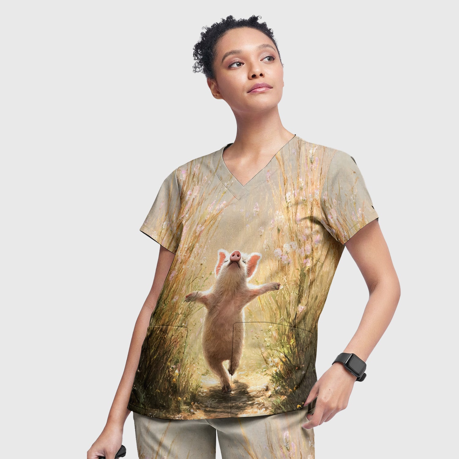 Happy Pig Running Meadow Pattern Nurse Scrub Set, Scrub Pants and V Neck Top