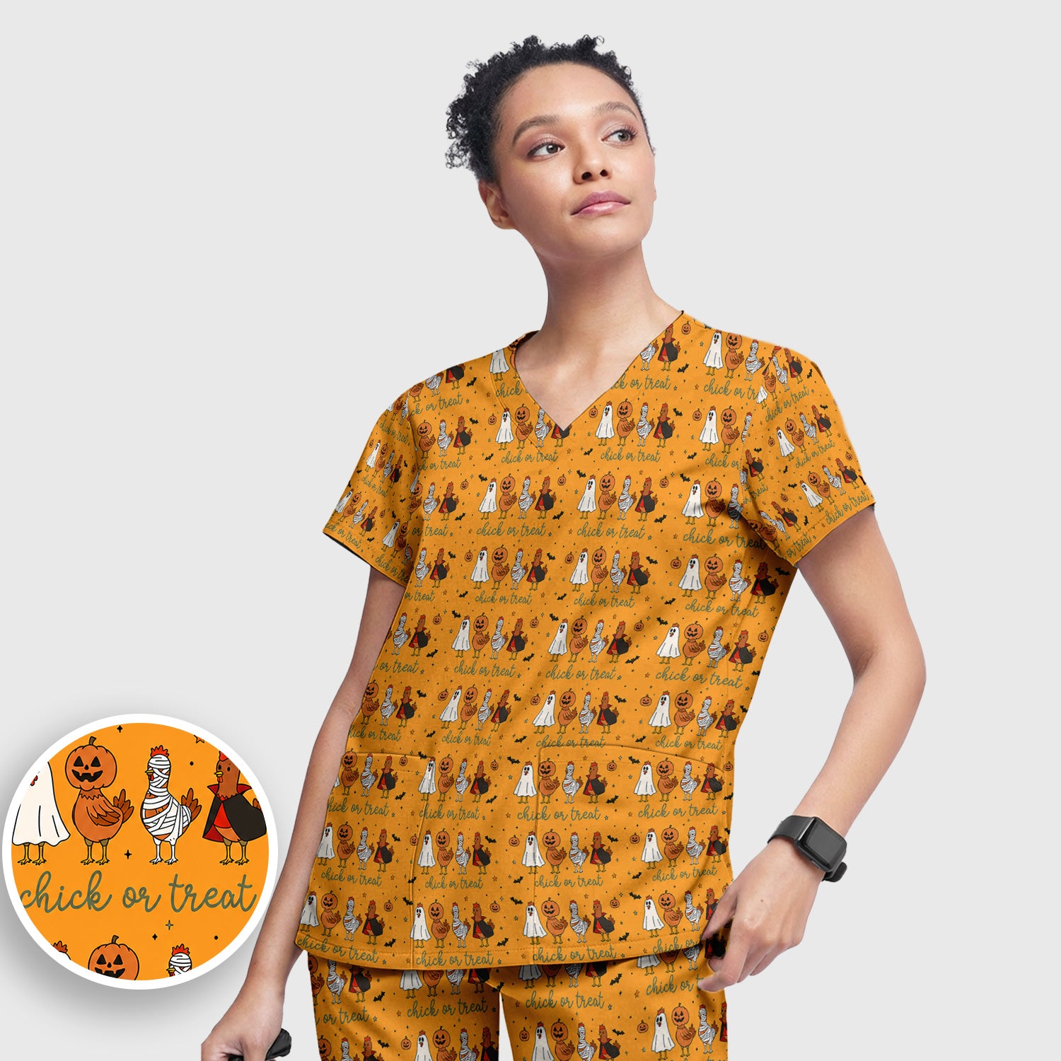 Funny Chick Or Treat Season Scrub Set, Scrub Pants and V Neck Top