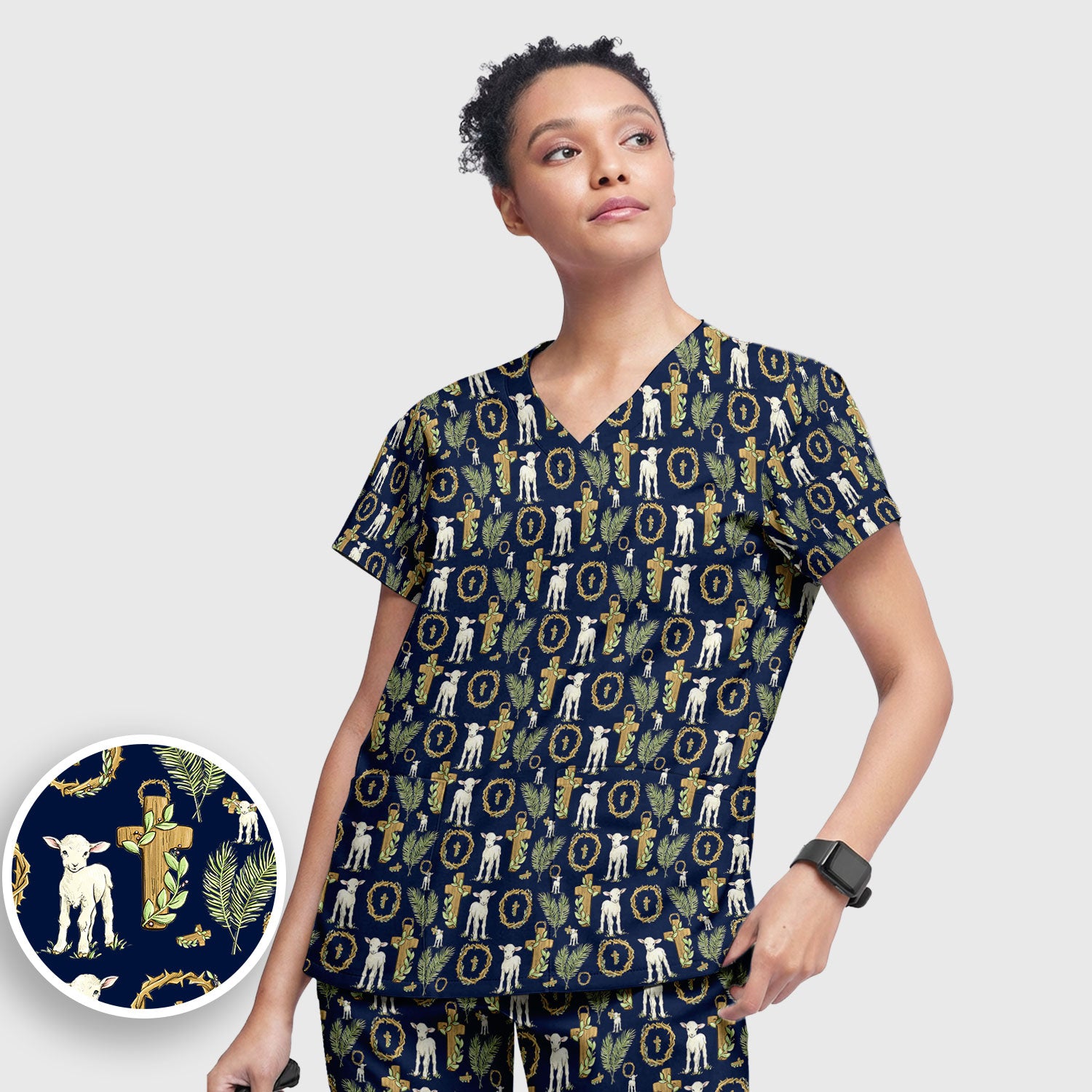 Faith Lamb Cross Pattern Women's Scrub Set, Scrub Pants and V Neck Top