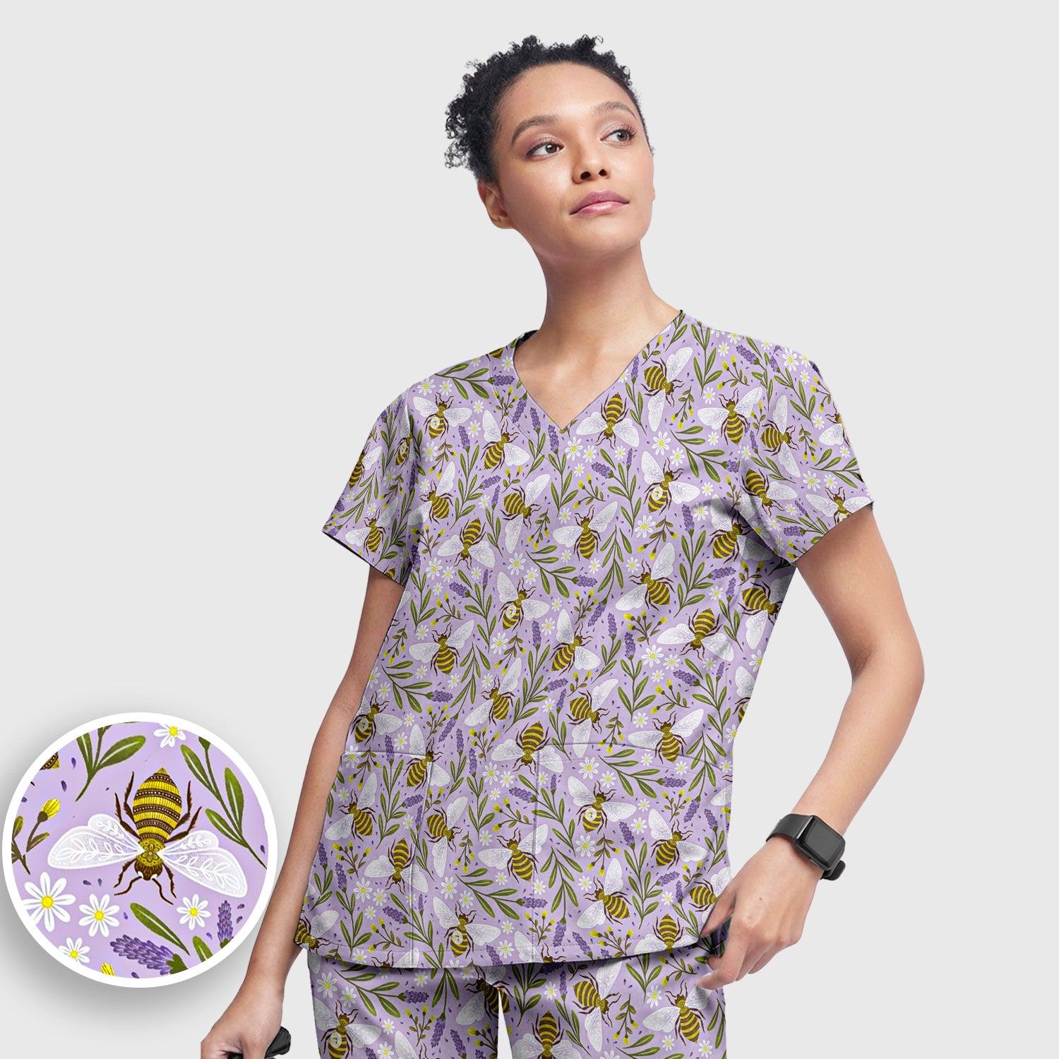 Cute Lavender Bee Floral Pattern Scrub Set, Scrub Pants and V Neck Top