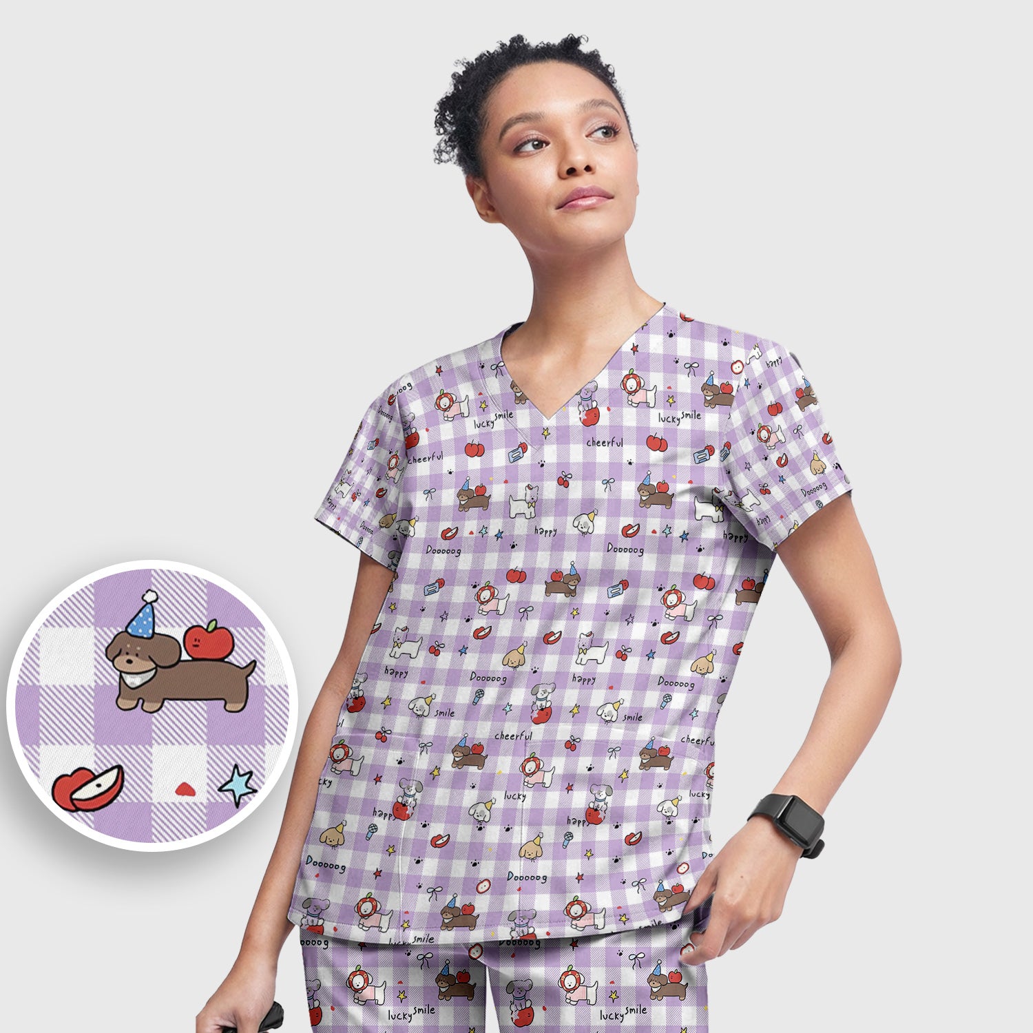Cute Nurse Cartoon Puppy Apple Gingham Scrub Top, Breathable Fabrics Nursing Uniform