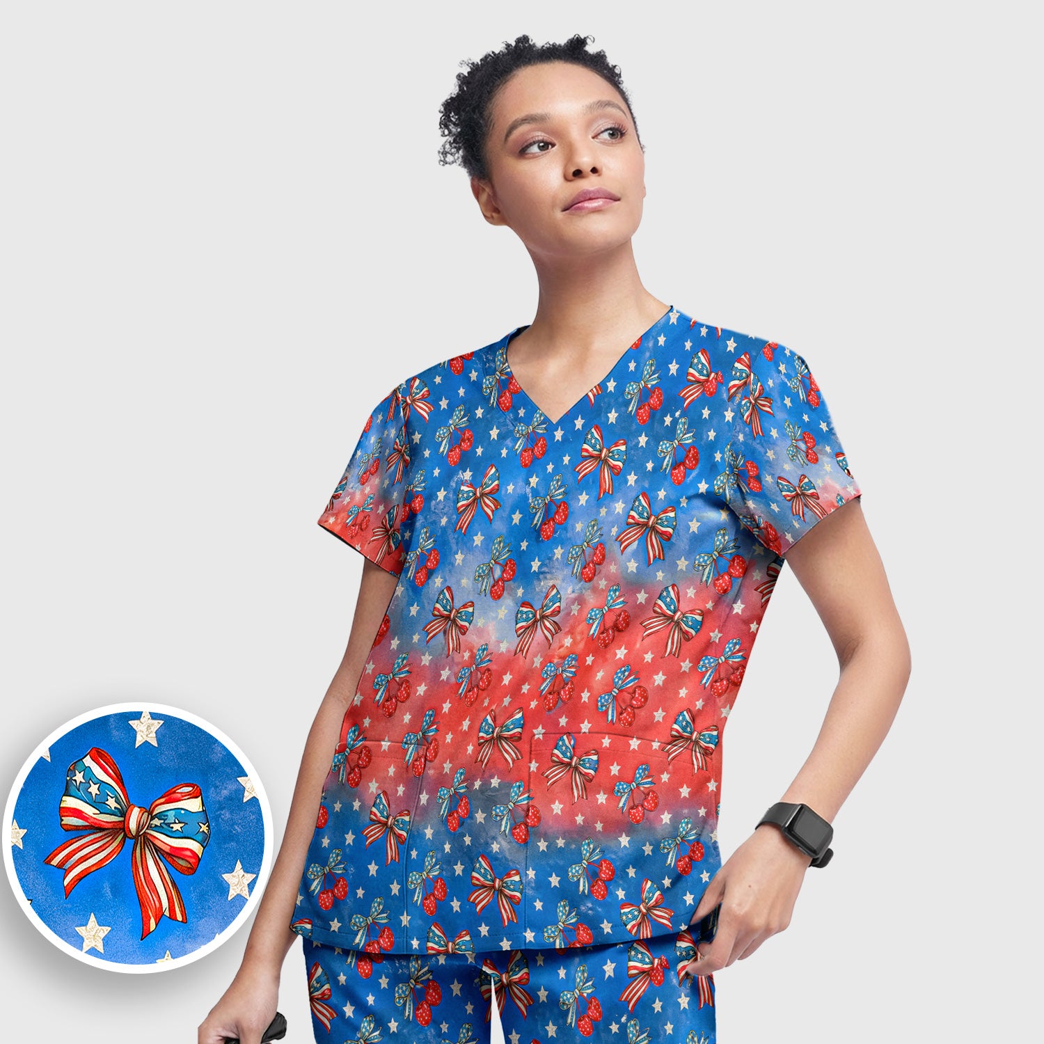 Festive Patriotic Star Bow Cherry Pattern Scrub Set, Scrub Pants and V Neck Top