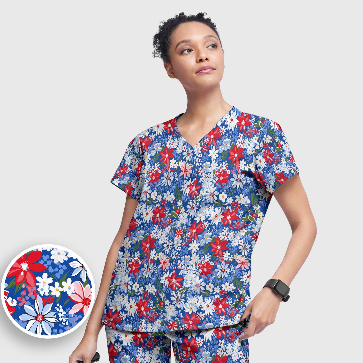 Patriotic Red White Blue Floral Garden Print Scrub Set, Scrub Pants and V Neck Top