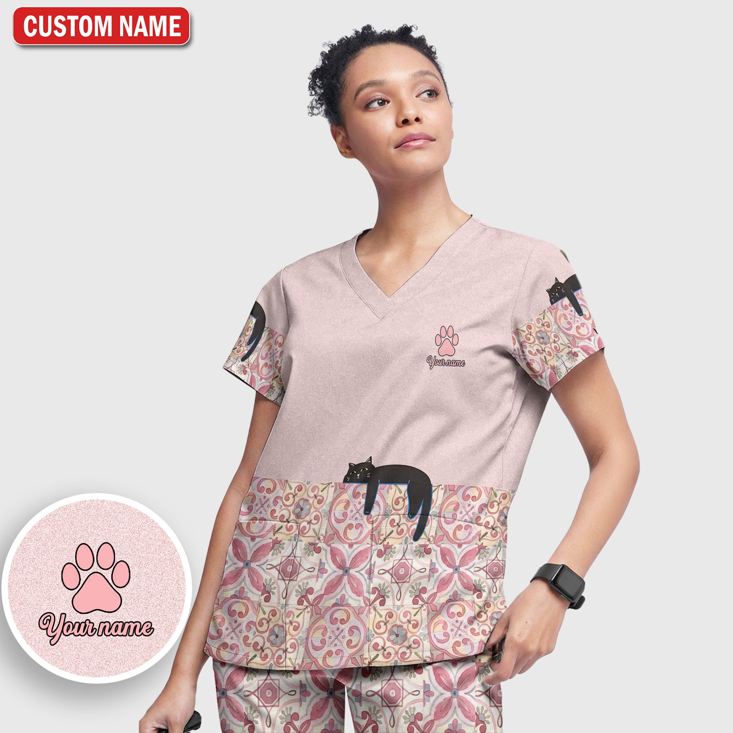Custom Name Pink Floral Nurse Shirt, Personalized Black Cat Scrub Set For Women, Breathable Fabrics Nursing Uniform