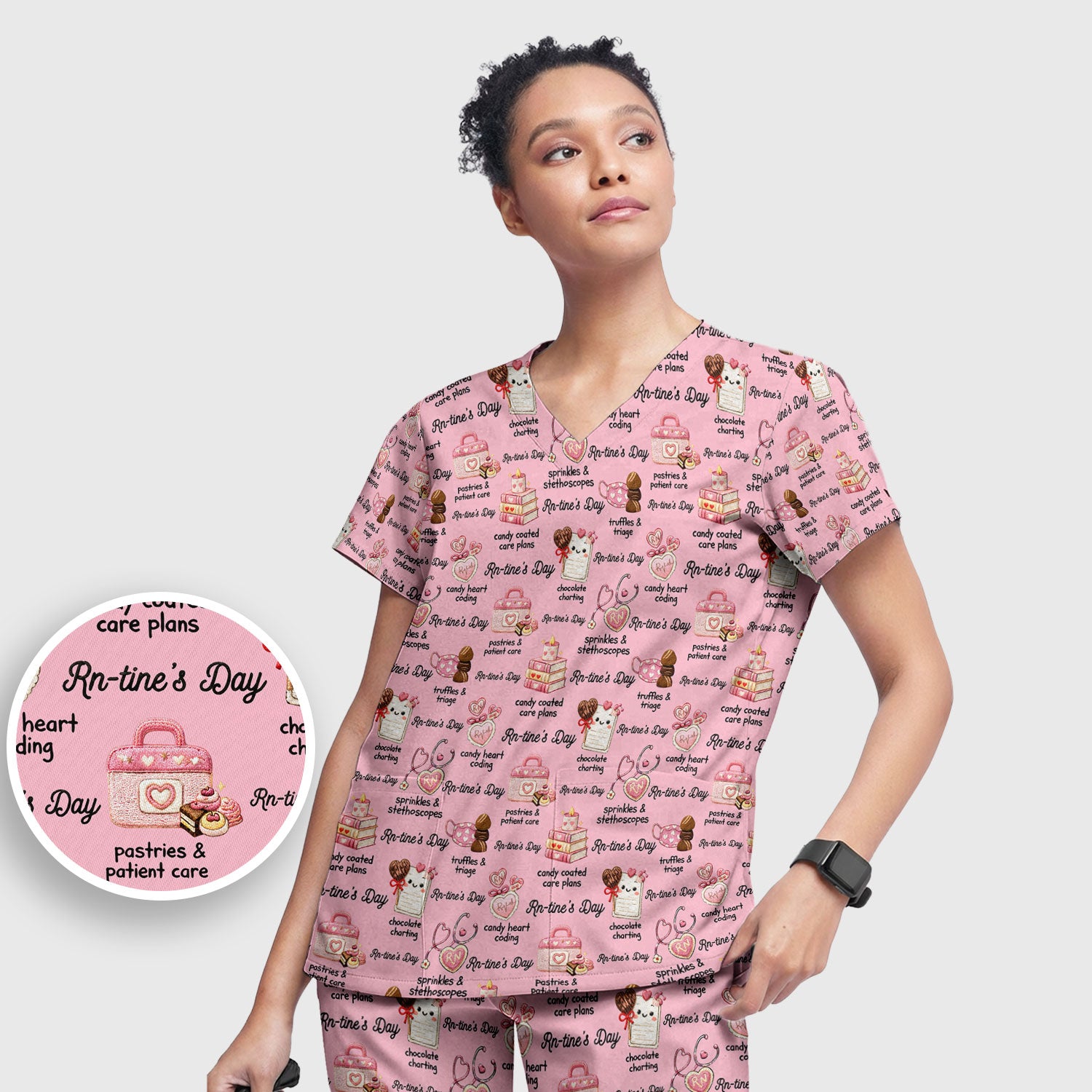 RN Sweets Valentine Stethoscope Scrub Set, Scrub Pants and V Neck Top