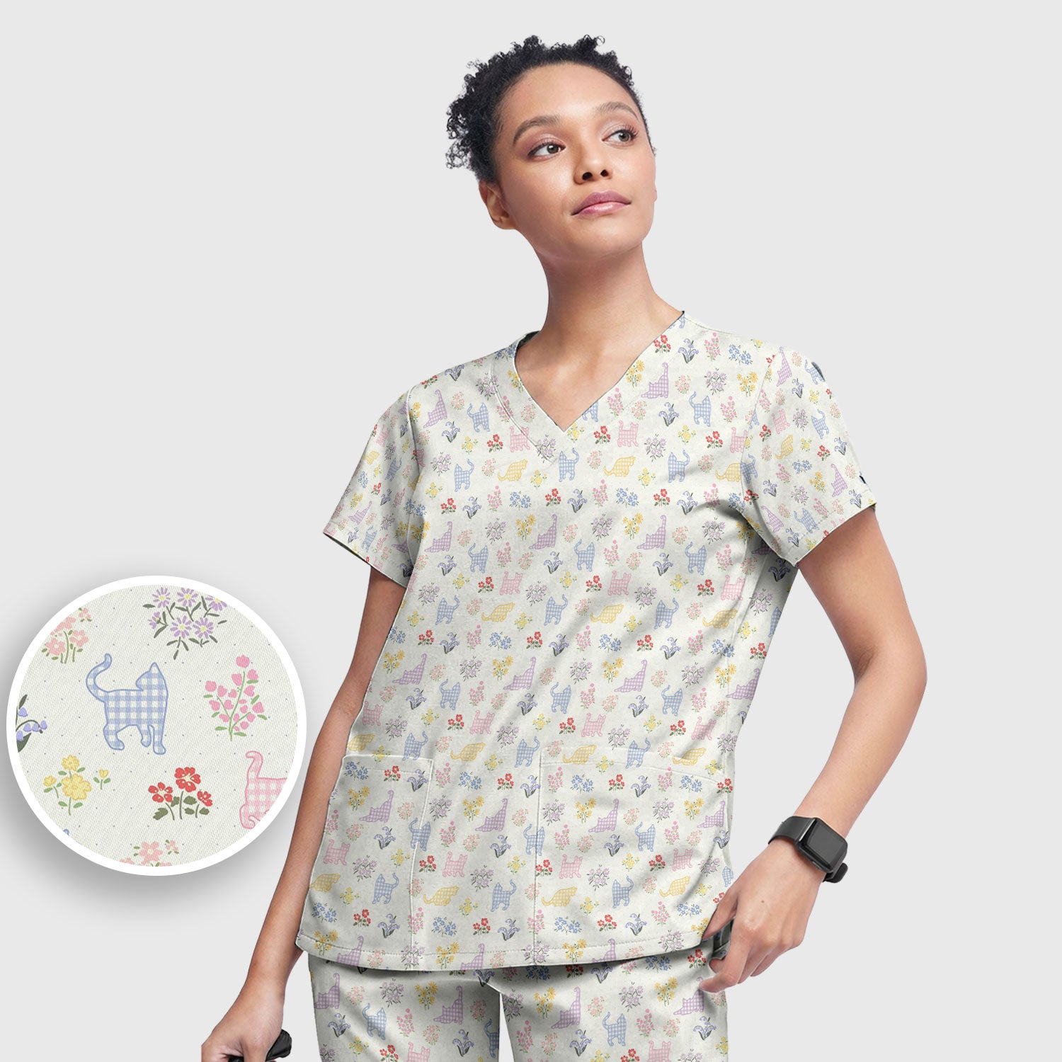 Pastel Cat Floral Nurse Scrub Set, Cute Cat Medical Pattern Shirt, Breathable Fabrics Nursing Uniform