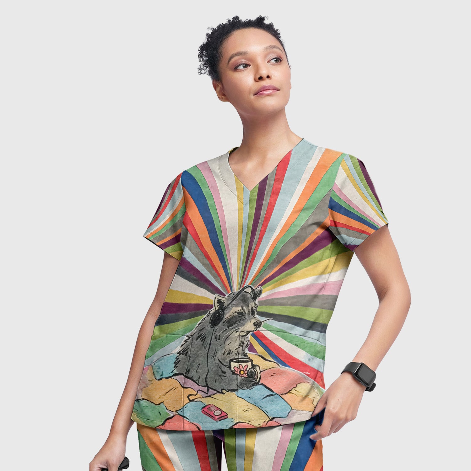 Chill Raccoon Rainbow Music Pattern Scrub Set, Scrub Pants and V Neck Top