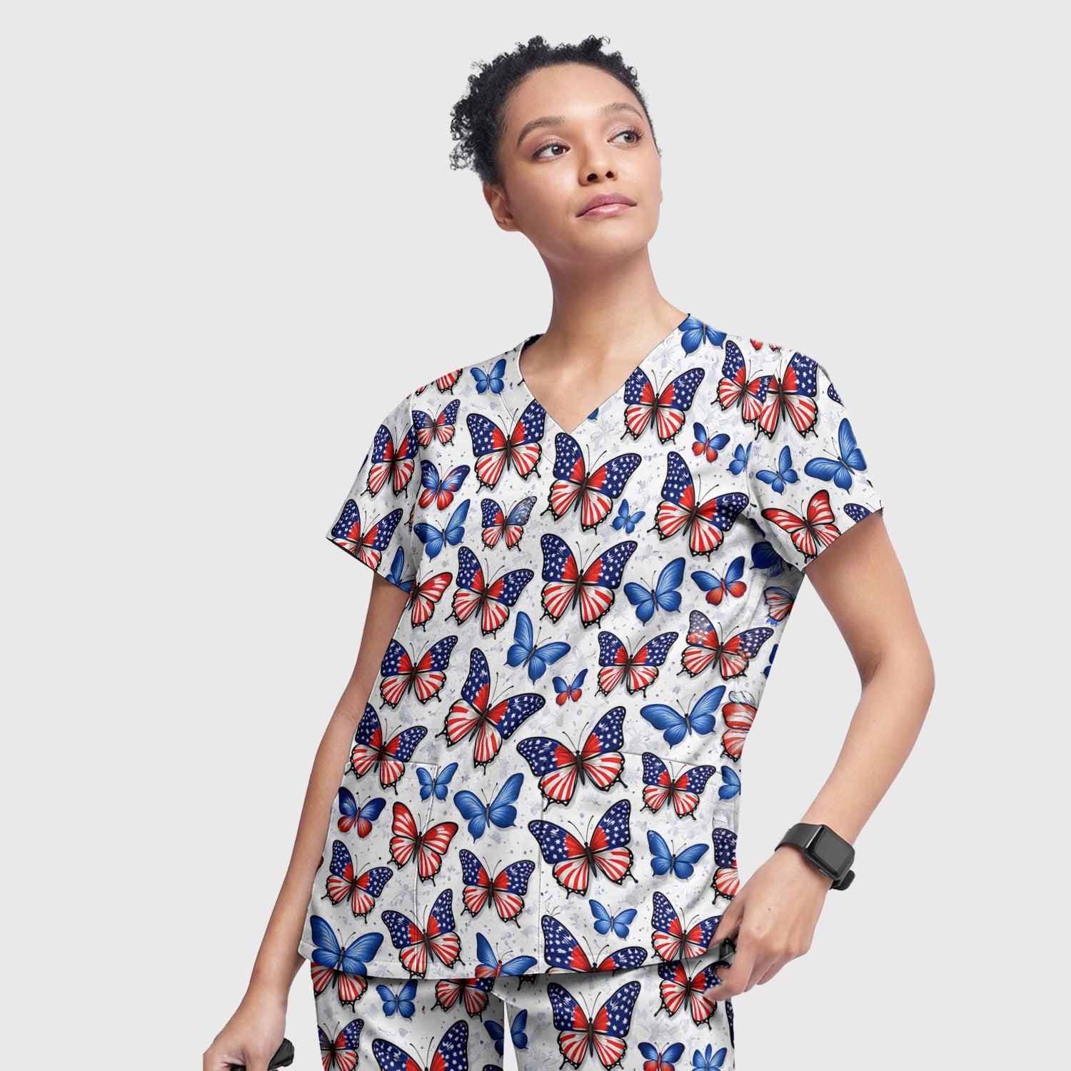 Charming Patriotic Butterfly Star Pattern Scrub Set, Scrub Pants and V Neck Top