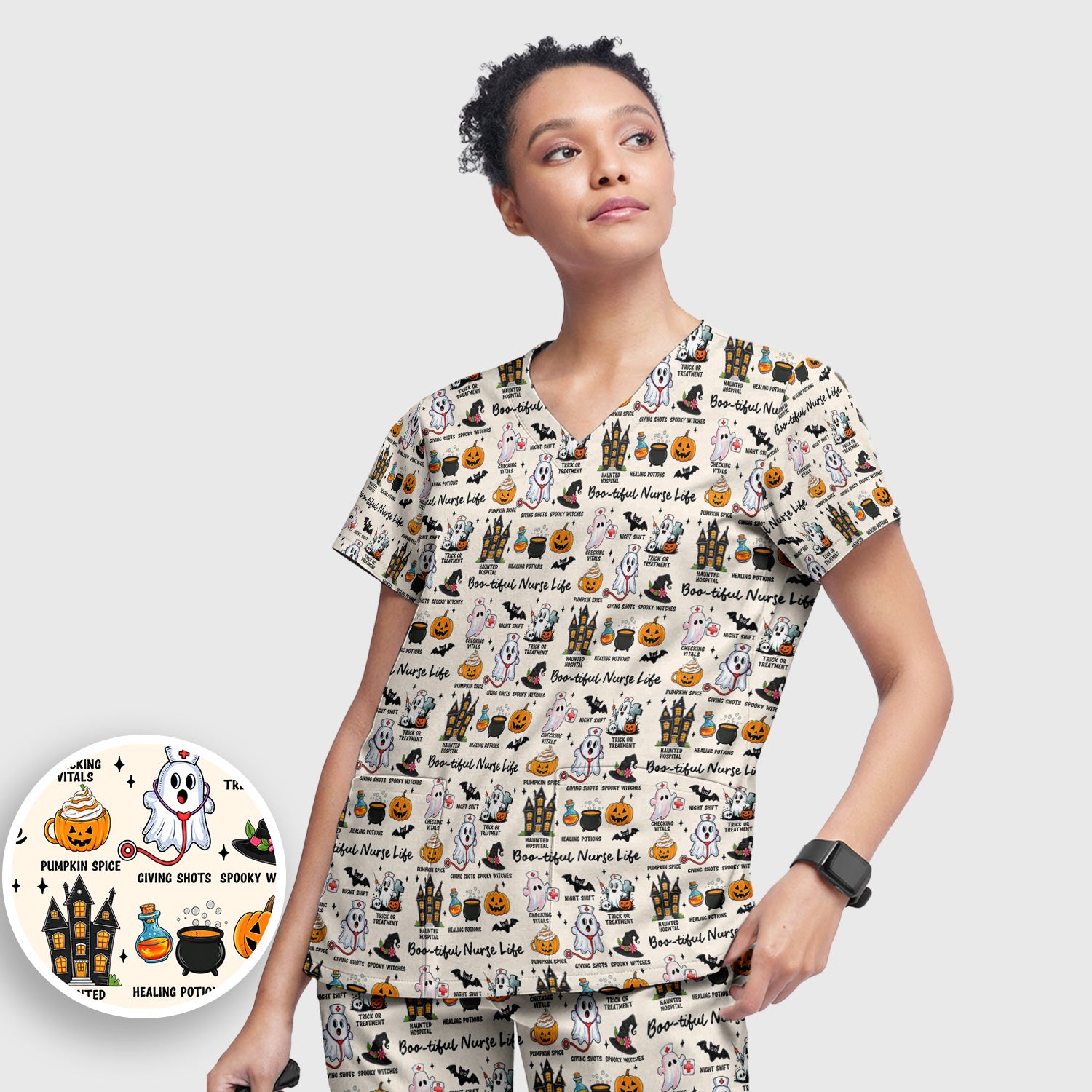 Spooky Halloween Boo-tiful Nurse Life Scrub Set, Scrub Pants and V Neck Top