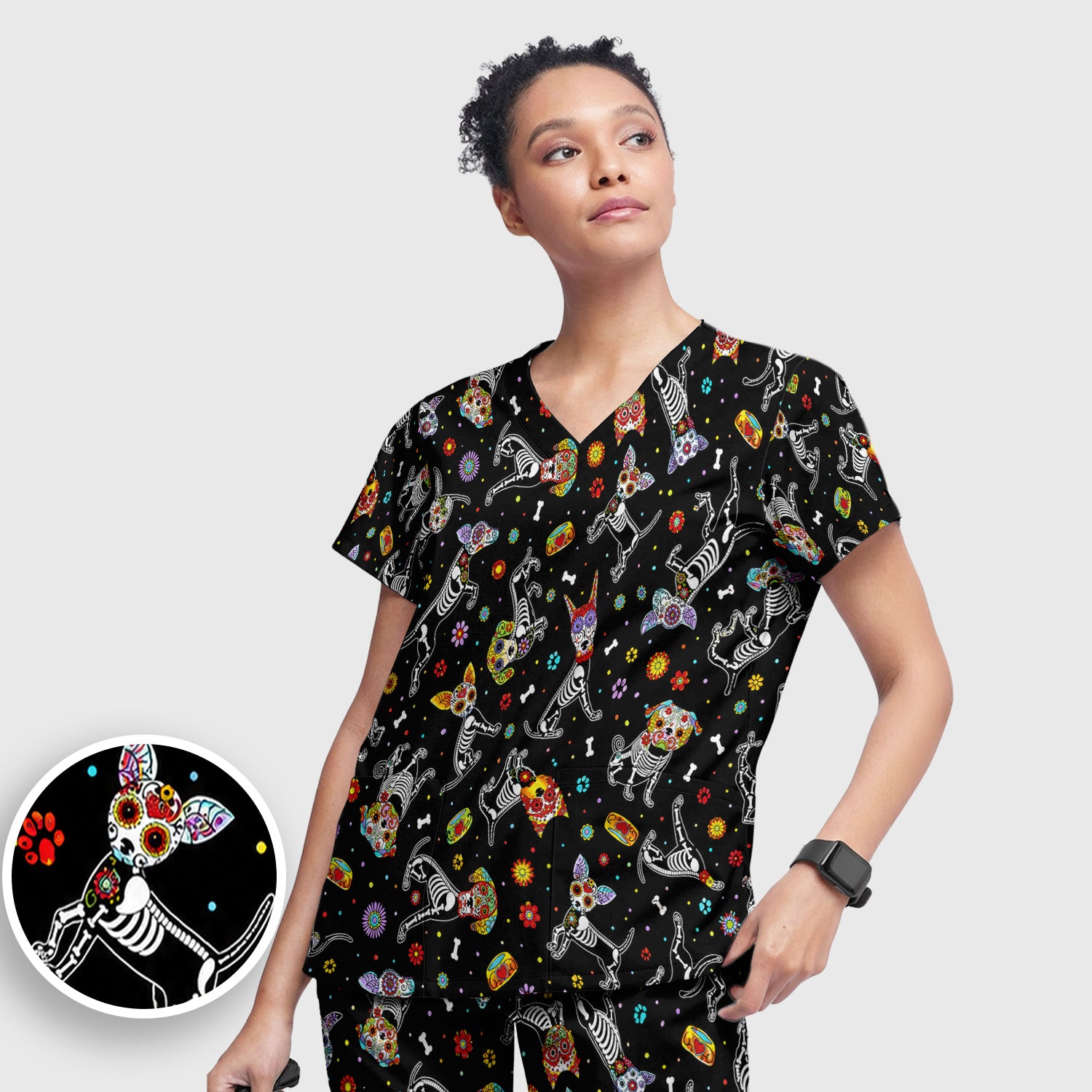 Colorful Day Of The Dead Dogs Scrub Set, Scrub Pants and V Neck Top