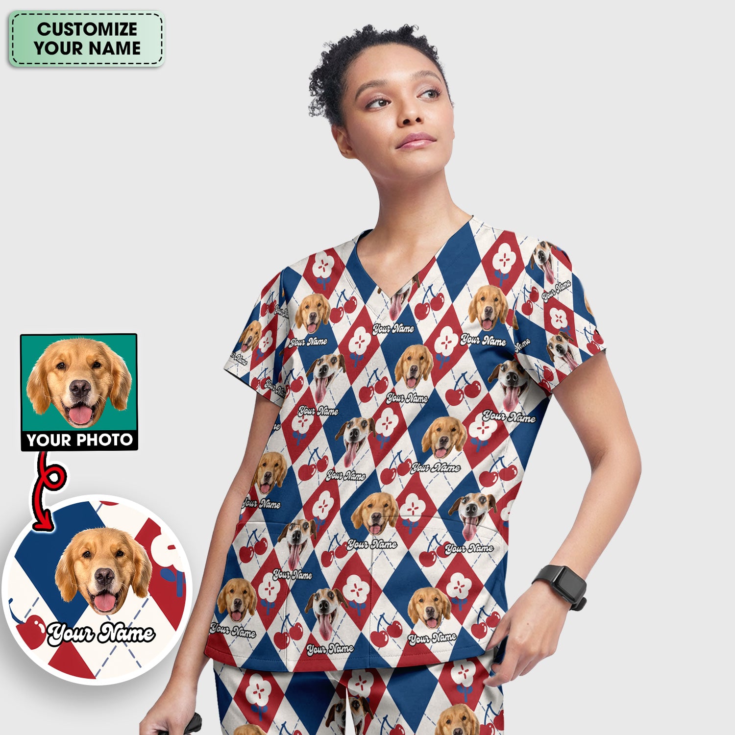 Custom Dog Face Scrub Set, Playful Dog Cherry Argyle Pattern Shirt, Breathable Fabrics Nursing Uniform
