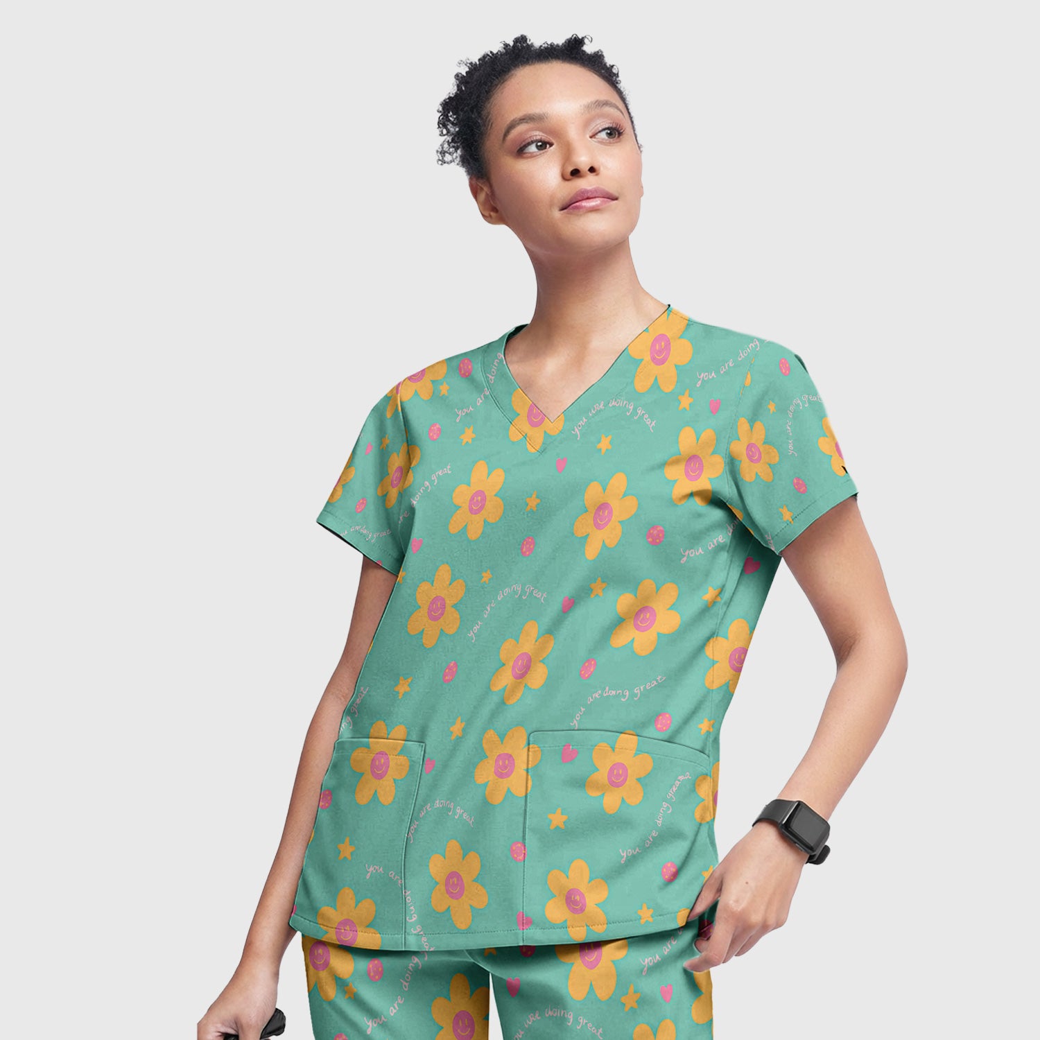 Cheerful Smiley Flower Pattern, Positive Medical Scrub Set, Scrub Pants and V Neck Top