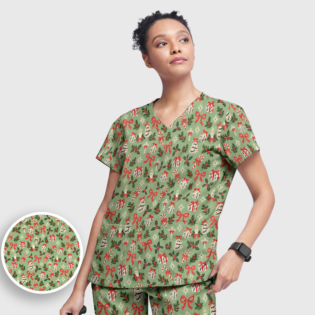 Christian Christmas Bows And Holly Scrub Set, Scrub Pants and V Neck Top