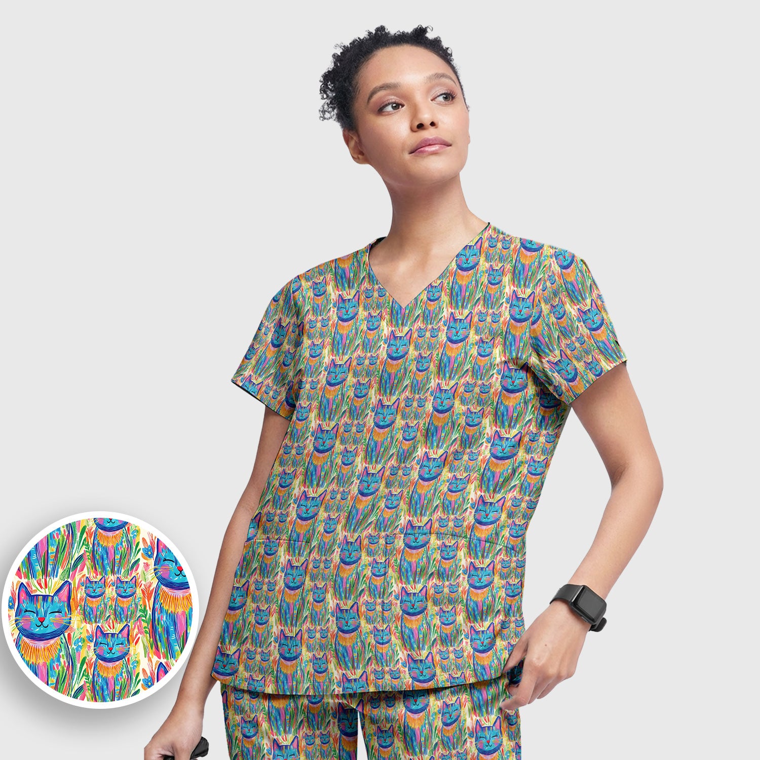 Colorful Rainbow Cat With Floral Brushstroke Scrub Set, Scrub Pants and V Neck Top