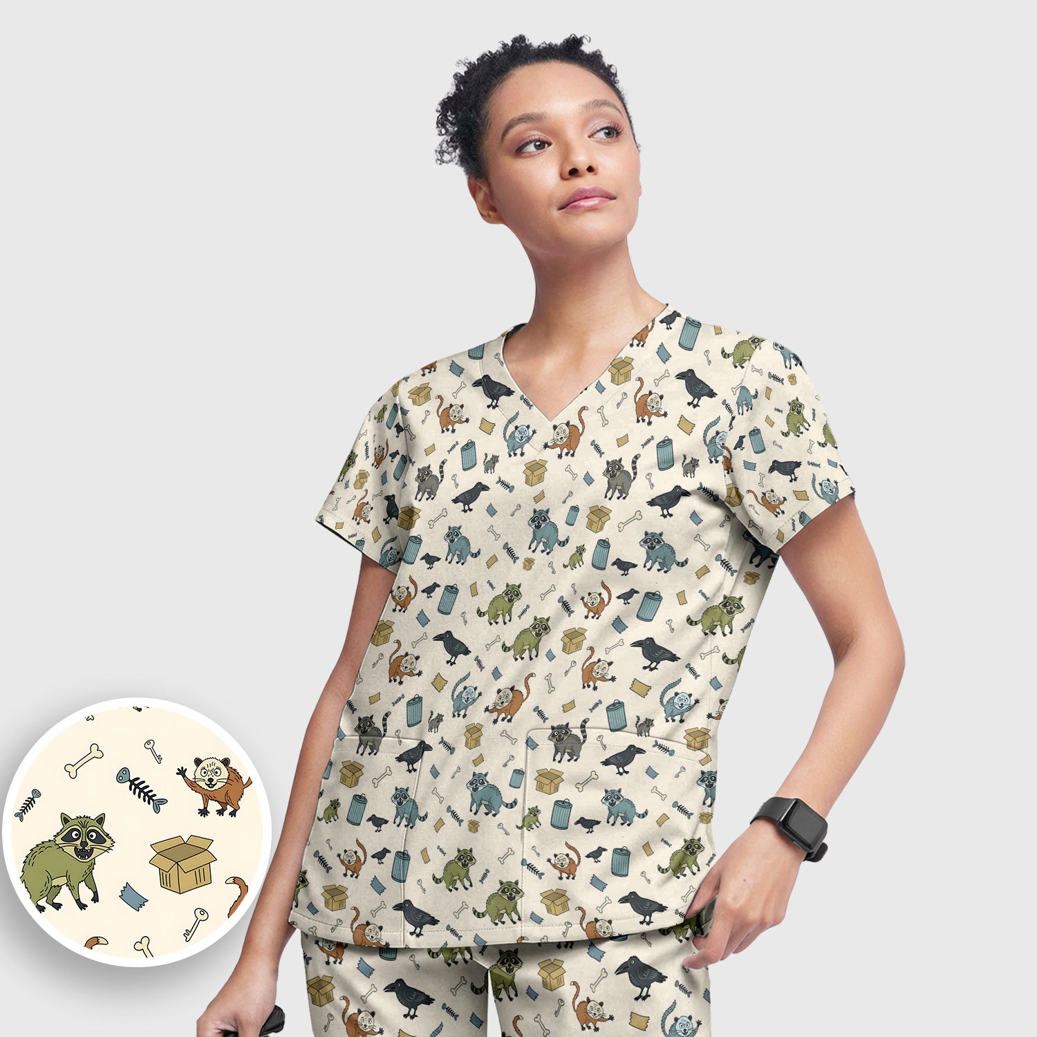Funny Trash Raccoon Pattern Scrub Set, Scrub Pants and V Neck Top