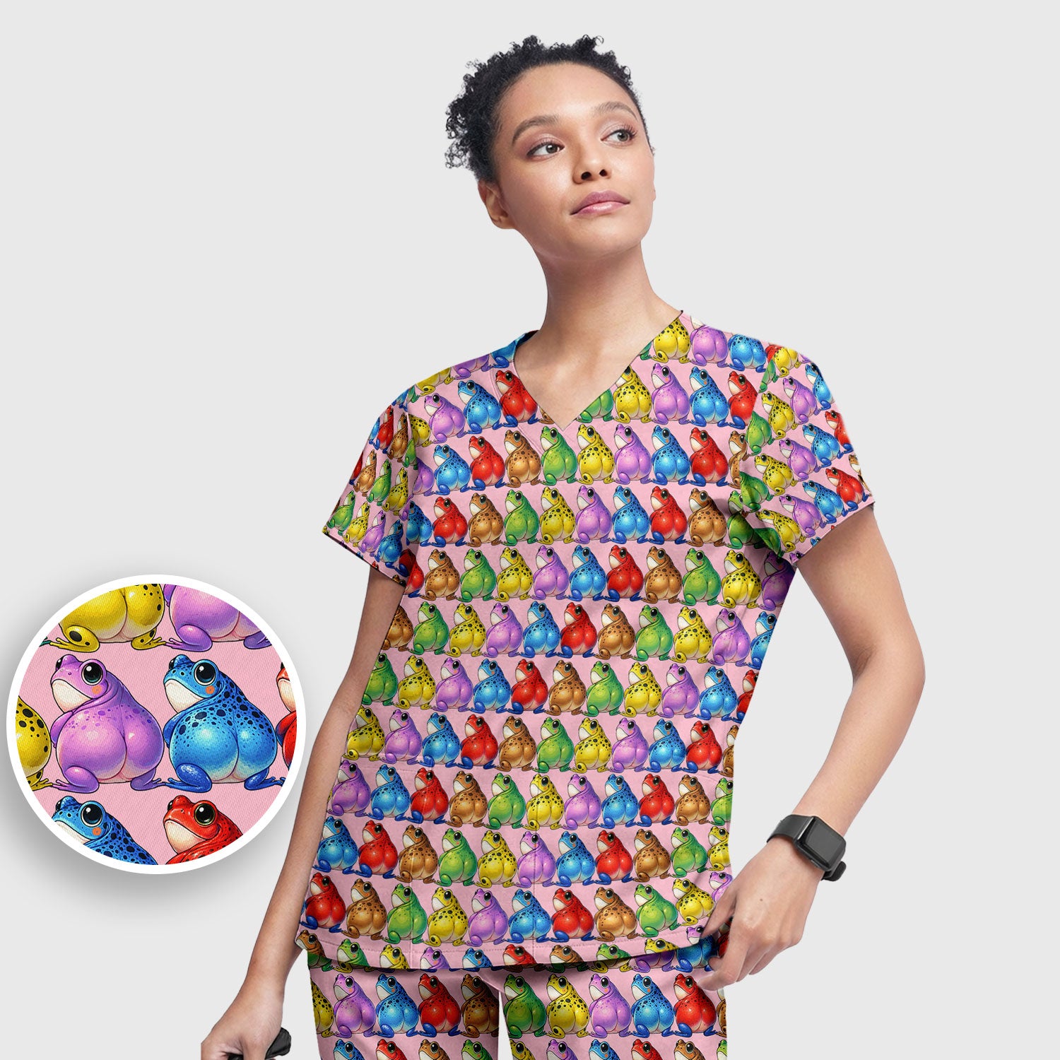 Funny Colorful Frogs Pattern Scrubs Sets, Scrub Pants and V Neck Top