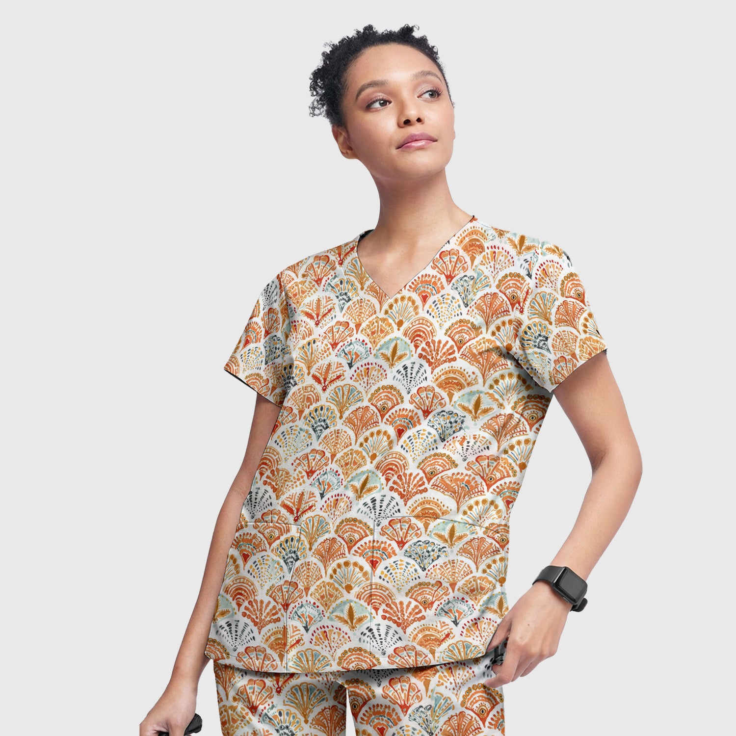 Cute Boho Fan Pattern Scrub Set, Women's Scrub Sets