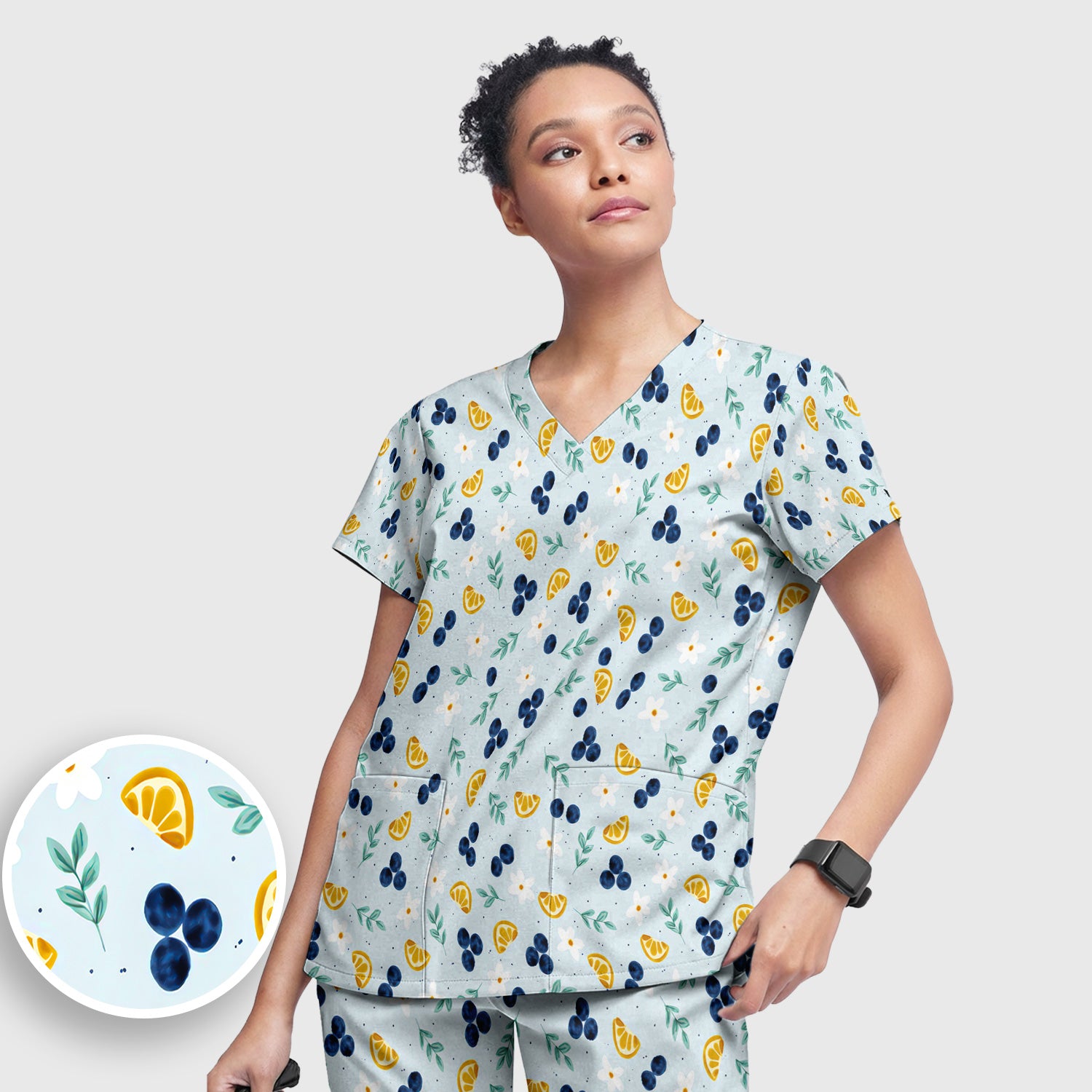 Blueberry Lemon Daisy Pattern Scrubs Sets, Scrub Pants and V Neck Top