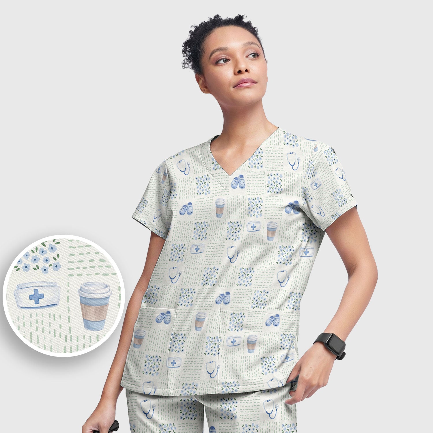 Cute Medical Essentials Pattern Scrub Set, Scrub Pants and V Neck Top