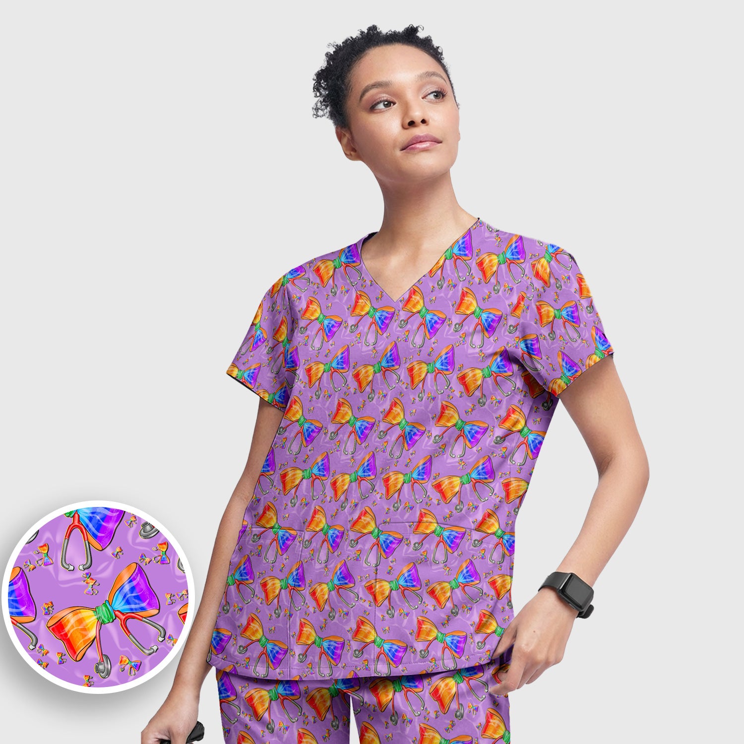 Colorful Rainbow Bow Stethoscope Pattern Scrub Top, Breathable Fabrics Nursing Uniform