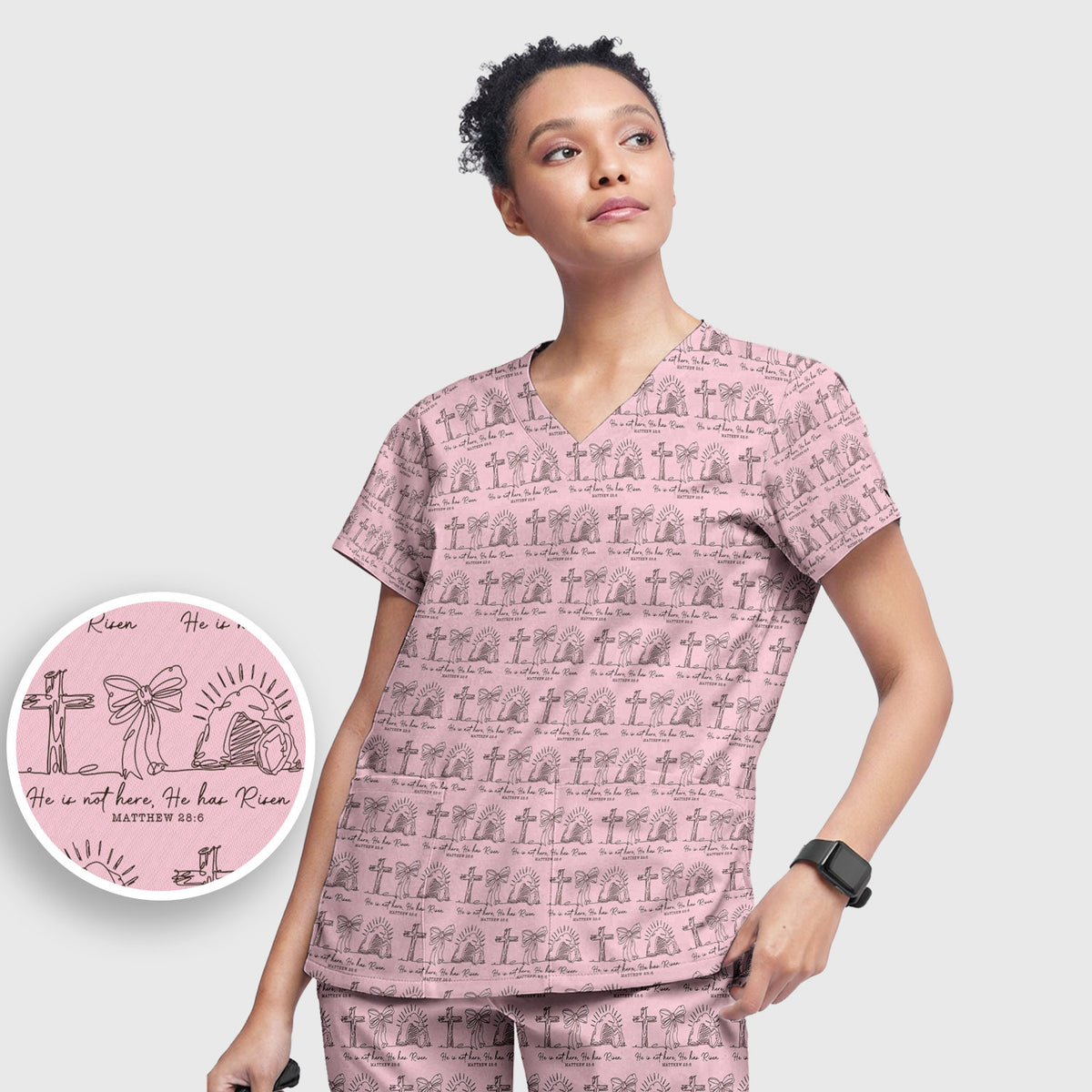 Christian Cross "He Is Risen"-Muster Kasack-Sets, Peeling-Hosen und V-Ausschnitt-Oberteil
