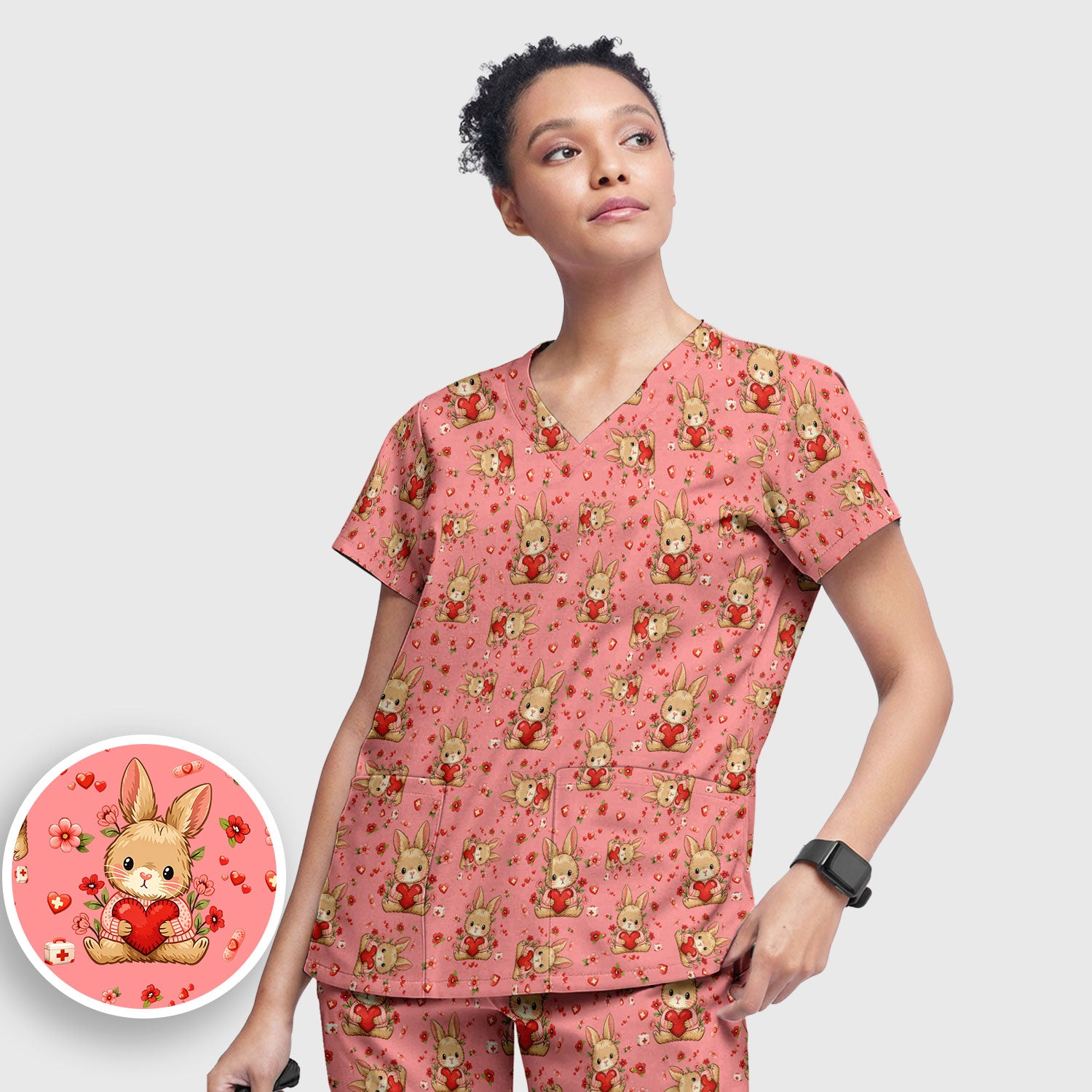 Adorable Bunny Heart Healthcare Design Scrub, Breathable Med Uniform