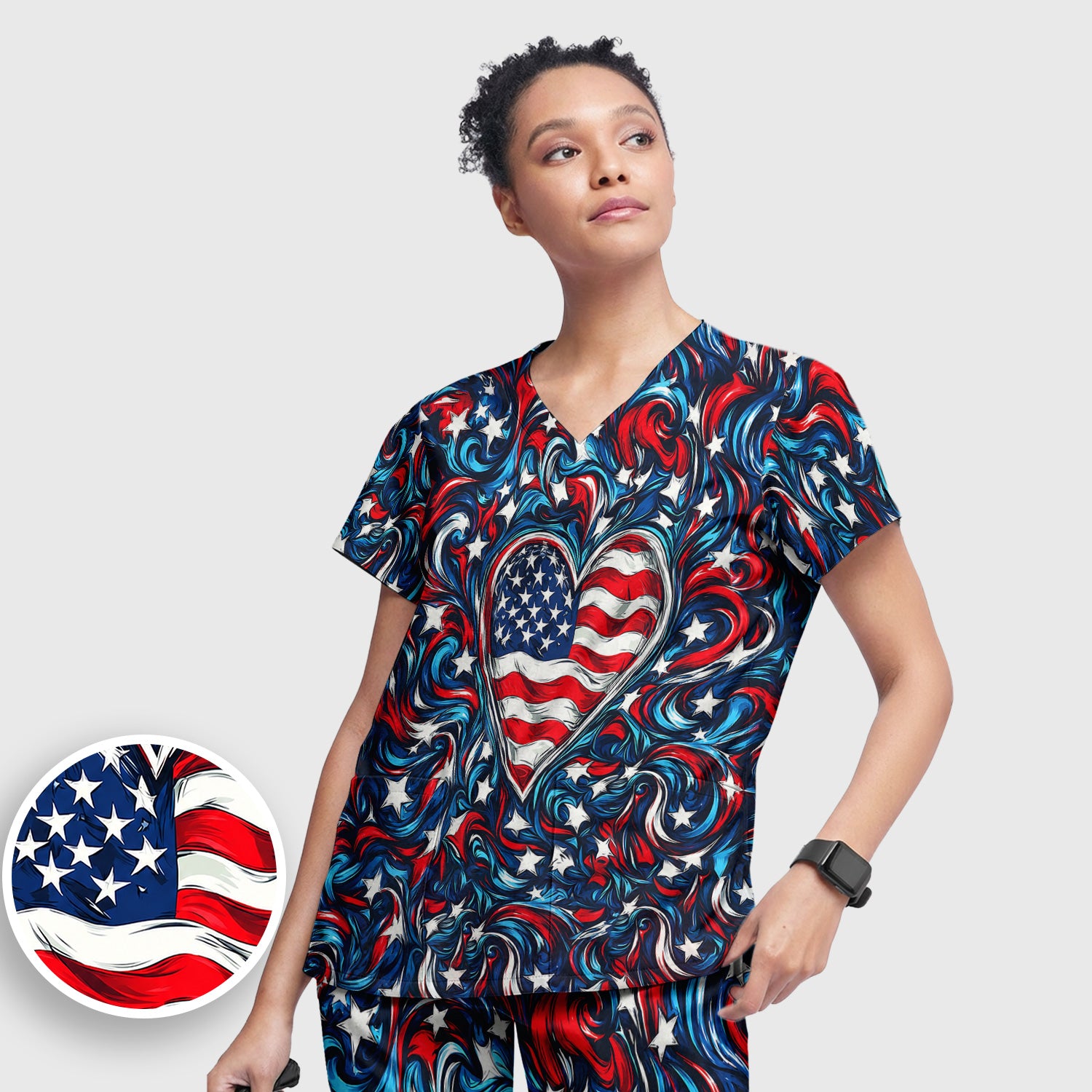 American Flag Heart Pattern Scrub Set, Scrub Pants and V Neck Top