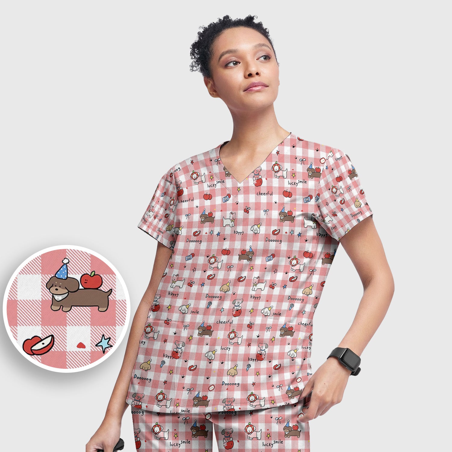 Cute Nurse Cartoon Puppy Apple Gingham Scrub Top, Breathable Fabrics Nursing Uniform