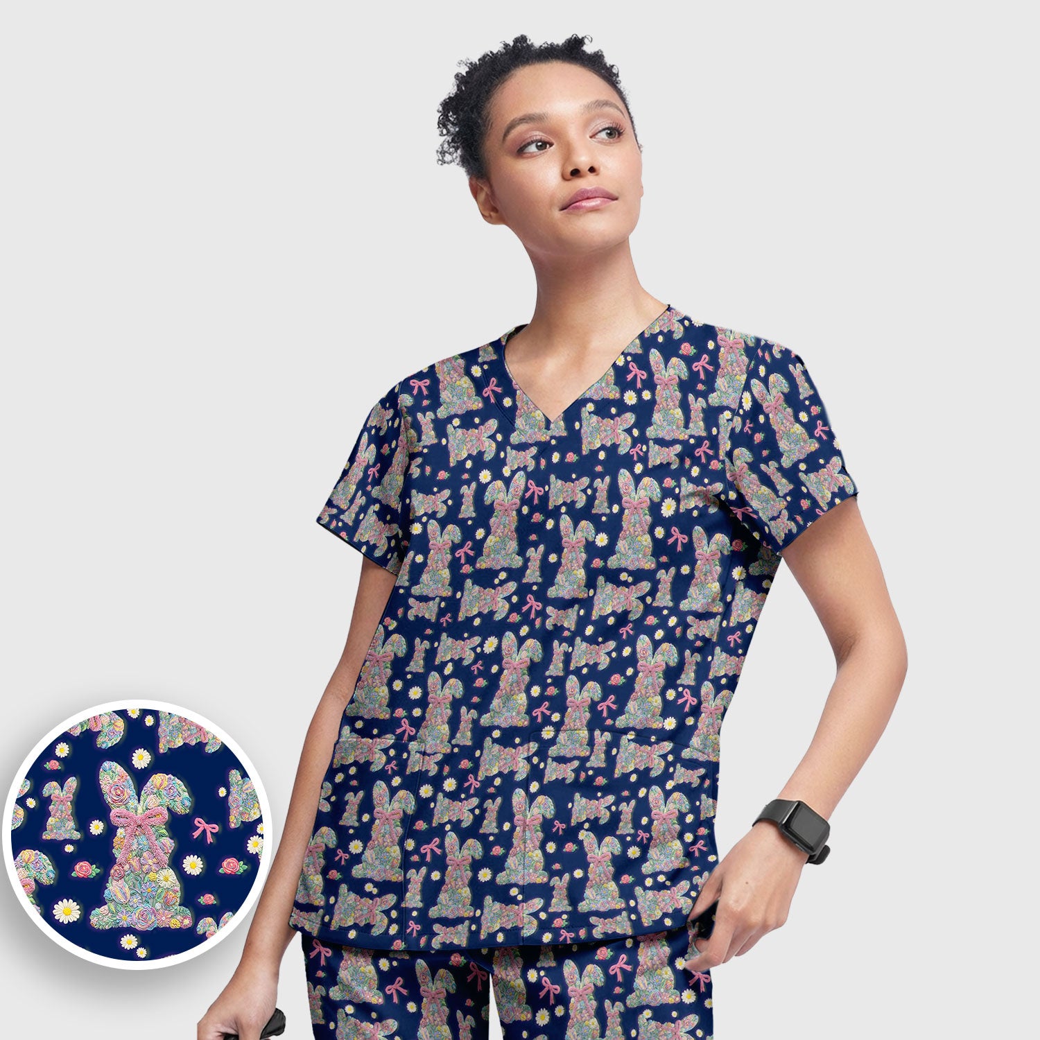 Colorful Floral Bunny with Pink Bow Pattern Scrub Set, Breathable Med Uniform
