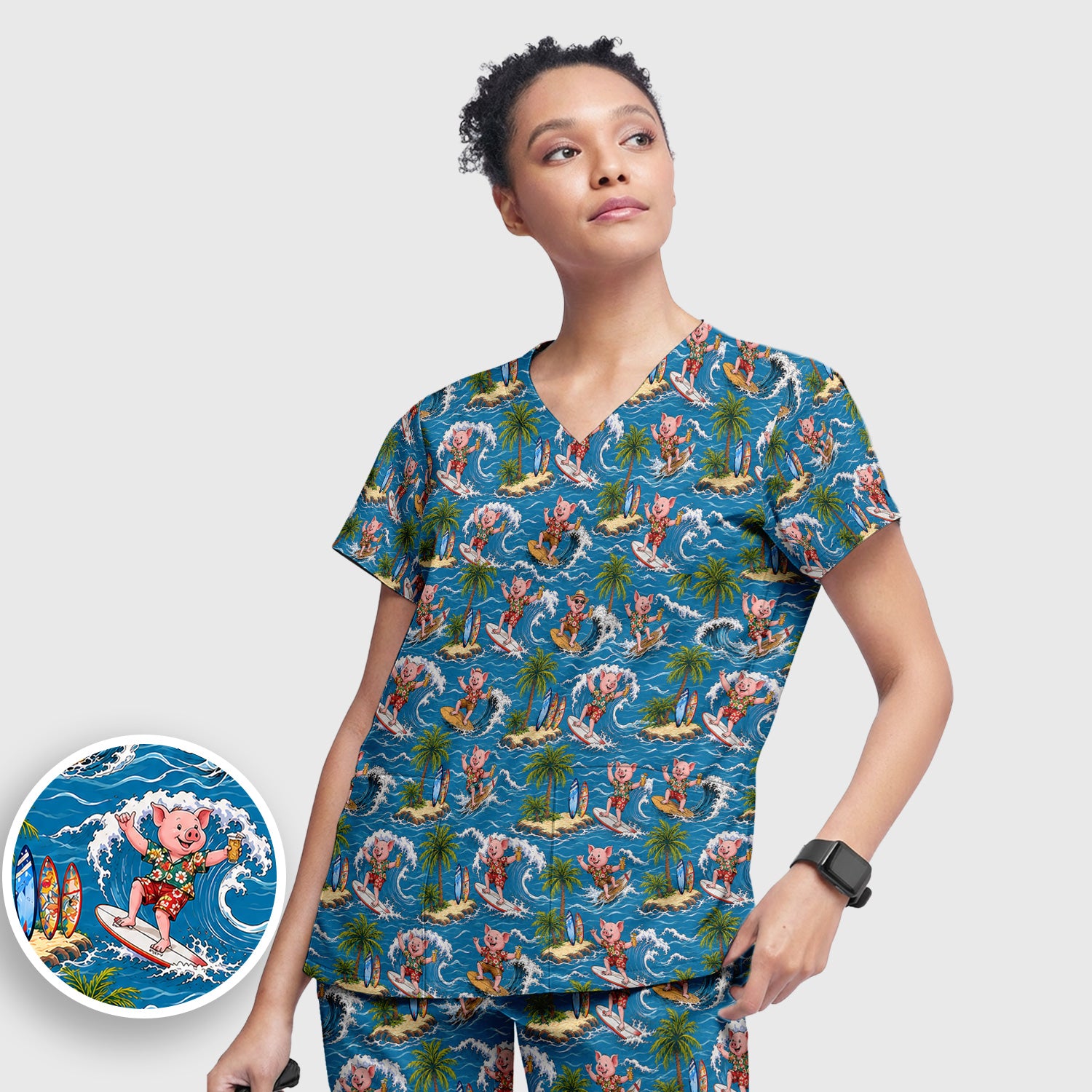 Tropical Surfing Pig Island Pattern Scrub Set, Scrub Pants and V Neck Top