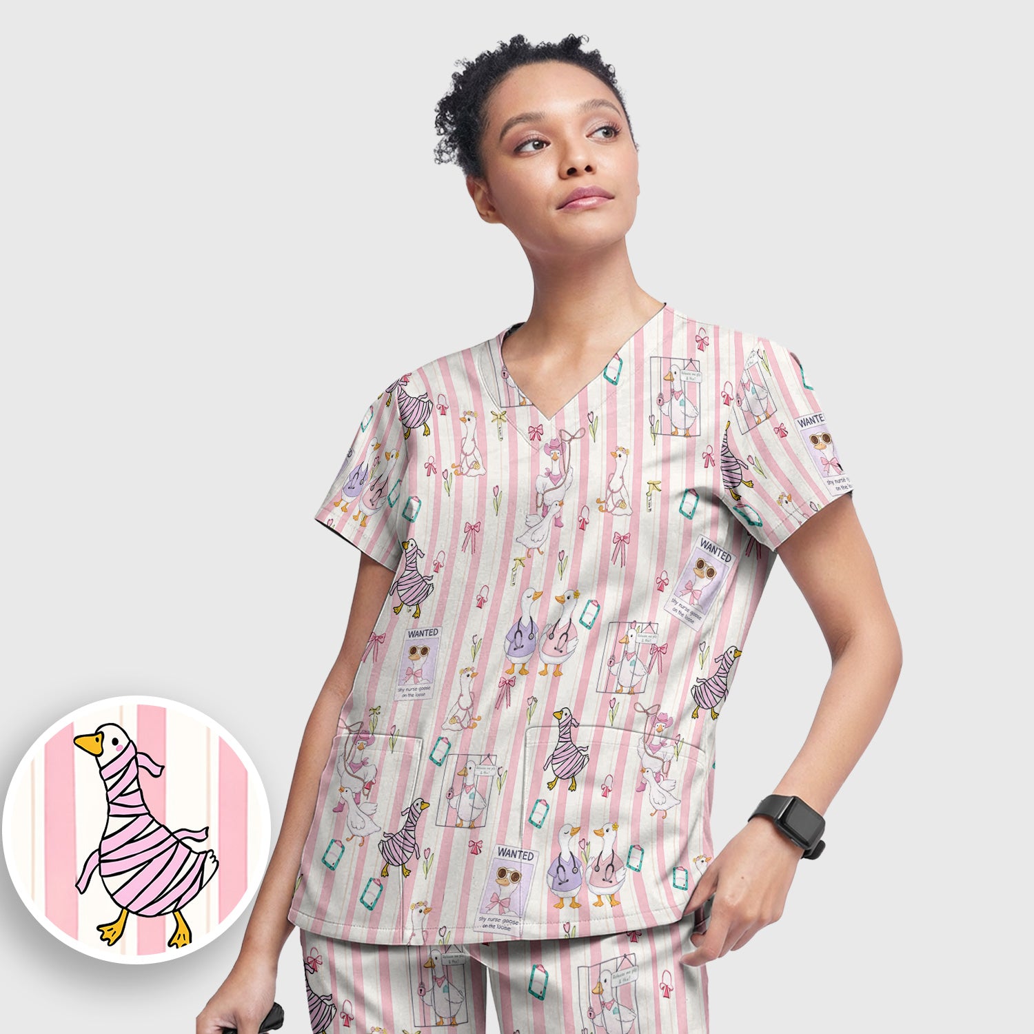 Cute Nurse Duck Stripe Pattern Scrub Set, Scrub Pants and V Neck Top