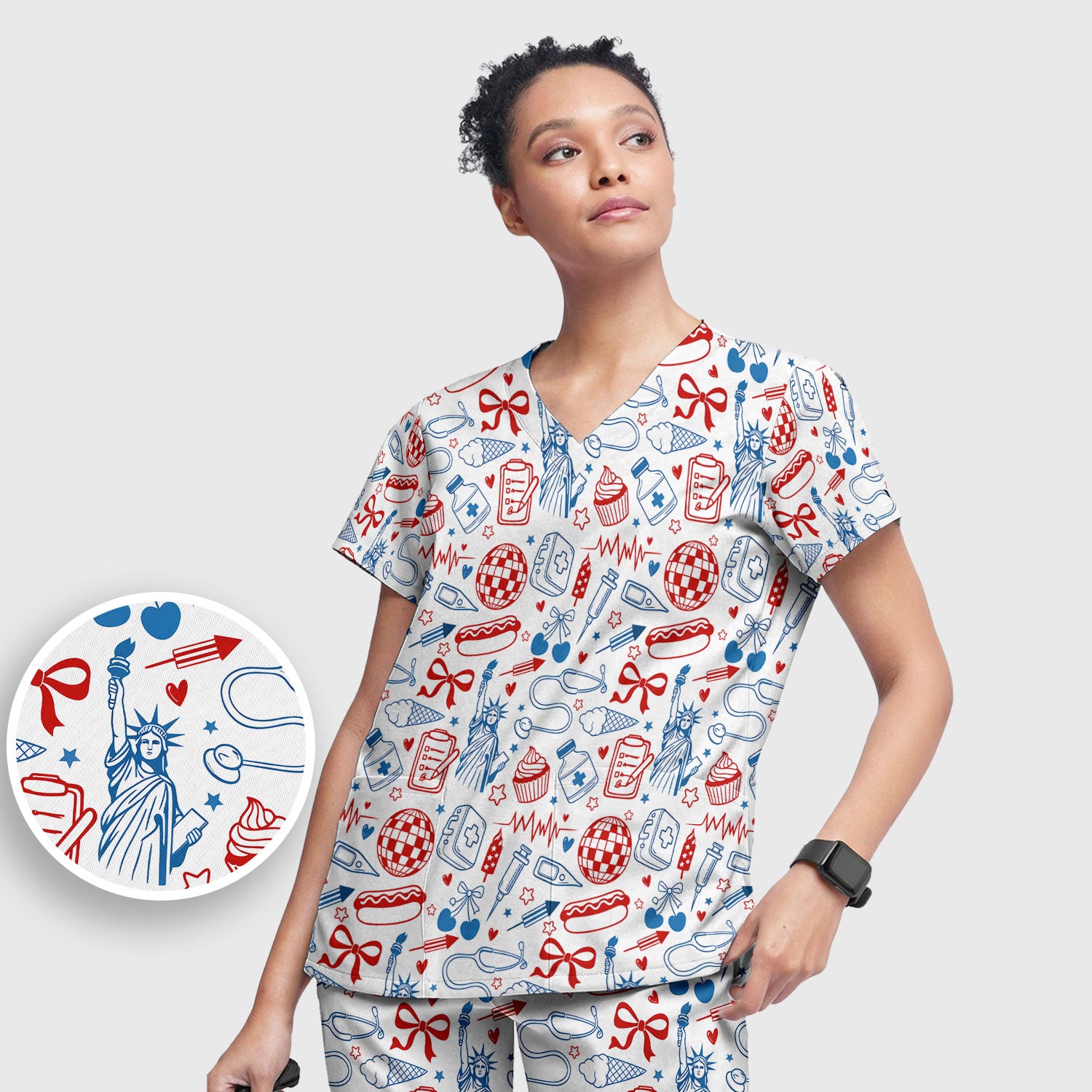 Patriotic Nurse Medical Icons Pattern Scrub Set, Scrub Pants and V Neck Top
