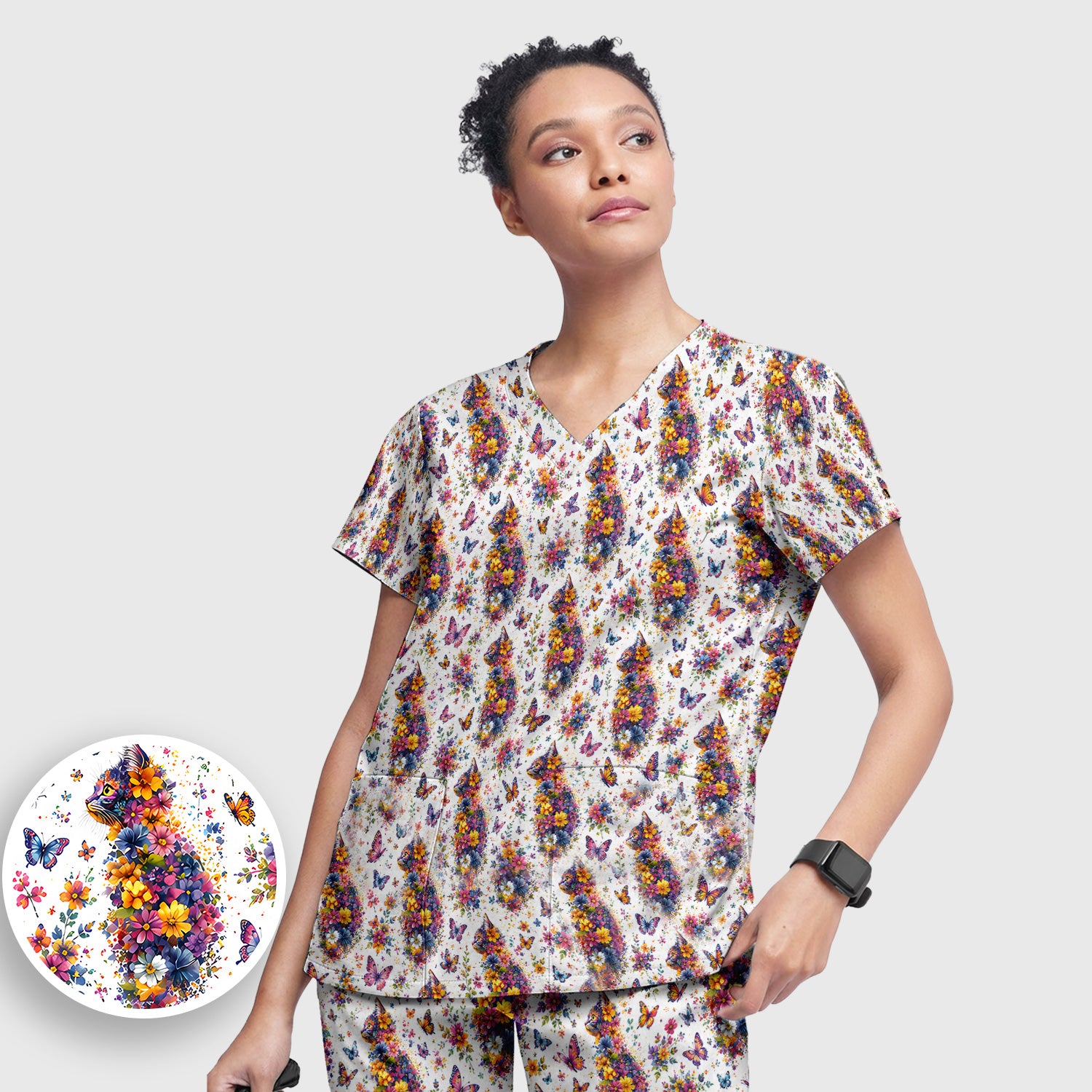 Cute Floral Cat With Butterfly Pattern Scrub Set, Scrub Pants and V Neck Top