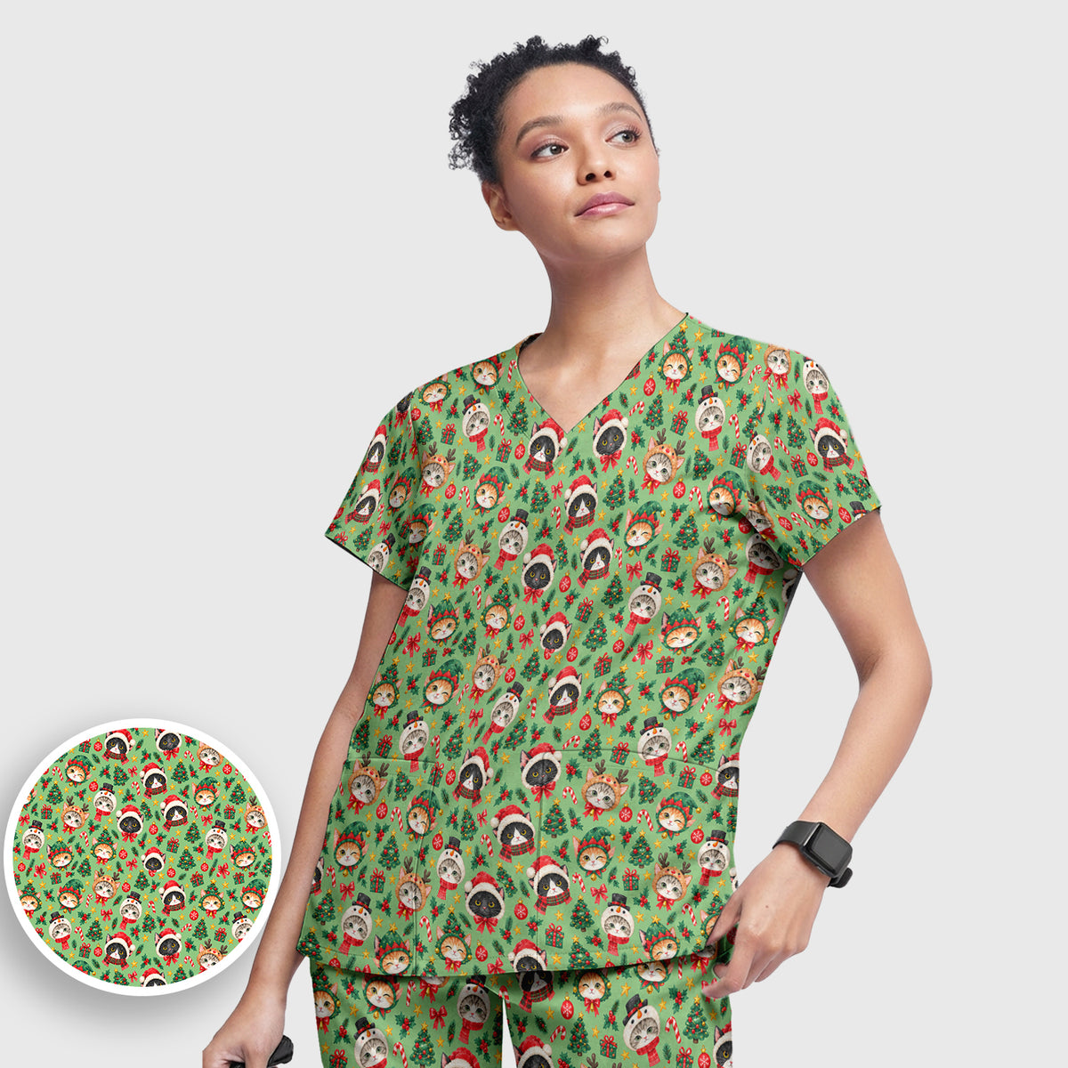 Christmas Cats And Trees Pattern Scrub Set, Scrub Pants and V Neck Top