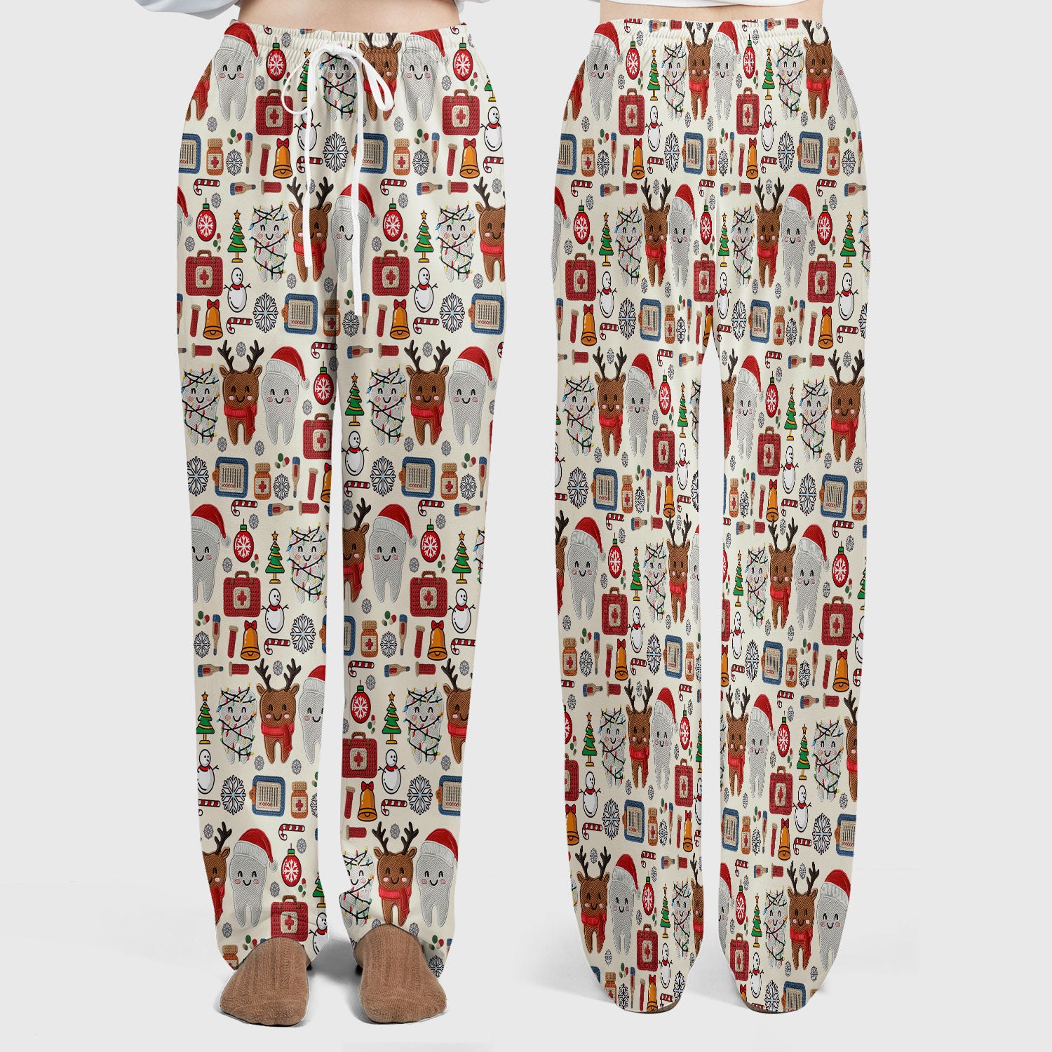 Christmas Dental Scrub Set - Cute Santa & Reindeer Tooth Pants and V Neck Top - Funny Gift for Dentists, Hygienists, Nurses