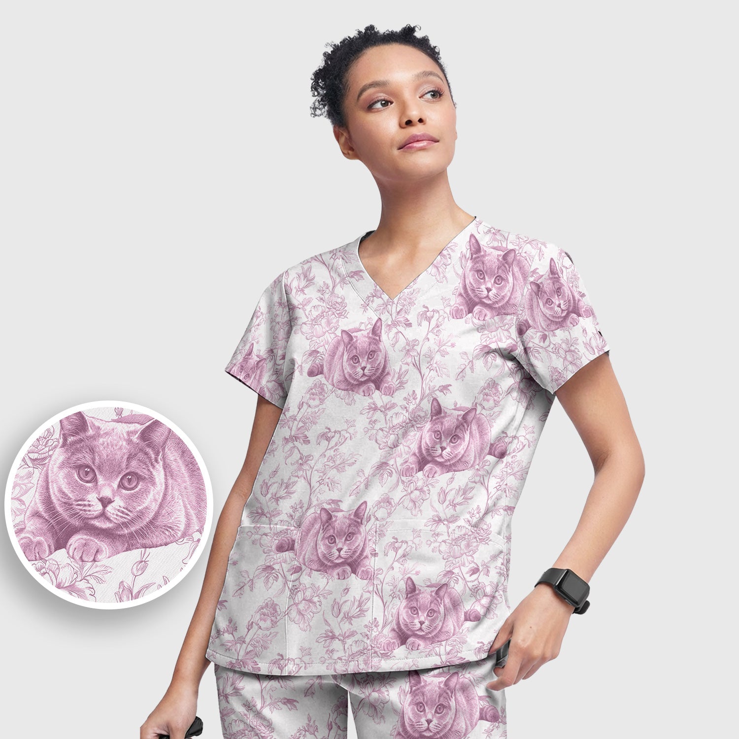 Custom Dog Cat Style Chinoiserie Pattern Scrubs Sets, Scrub Pants and V Neck Top