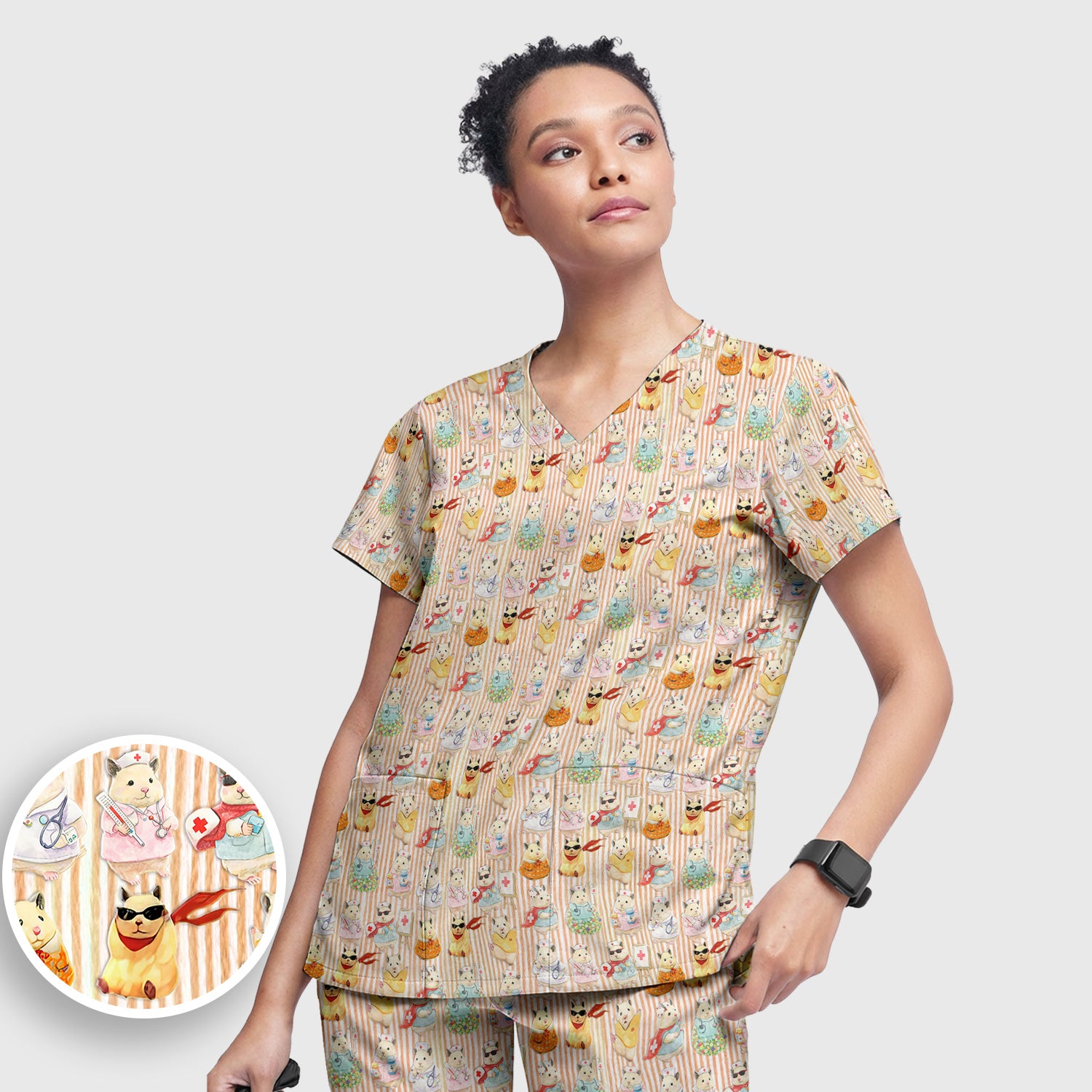 Cute Nurse Hamster Pattern Scrubs Sets, Scrub Pants and V Neck Top