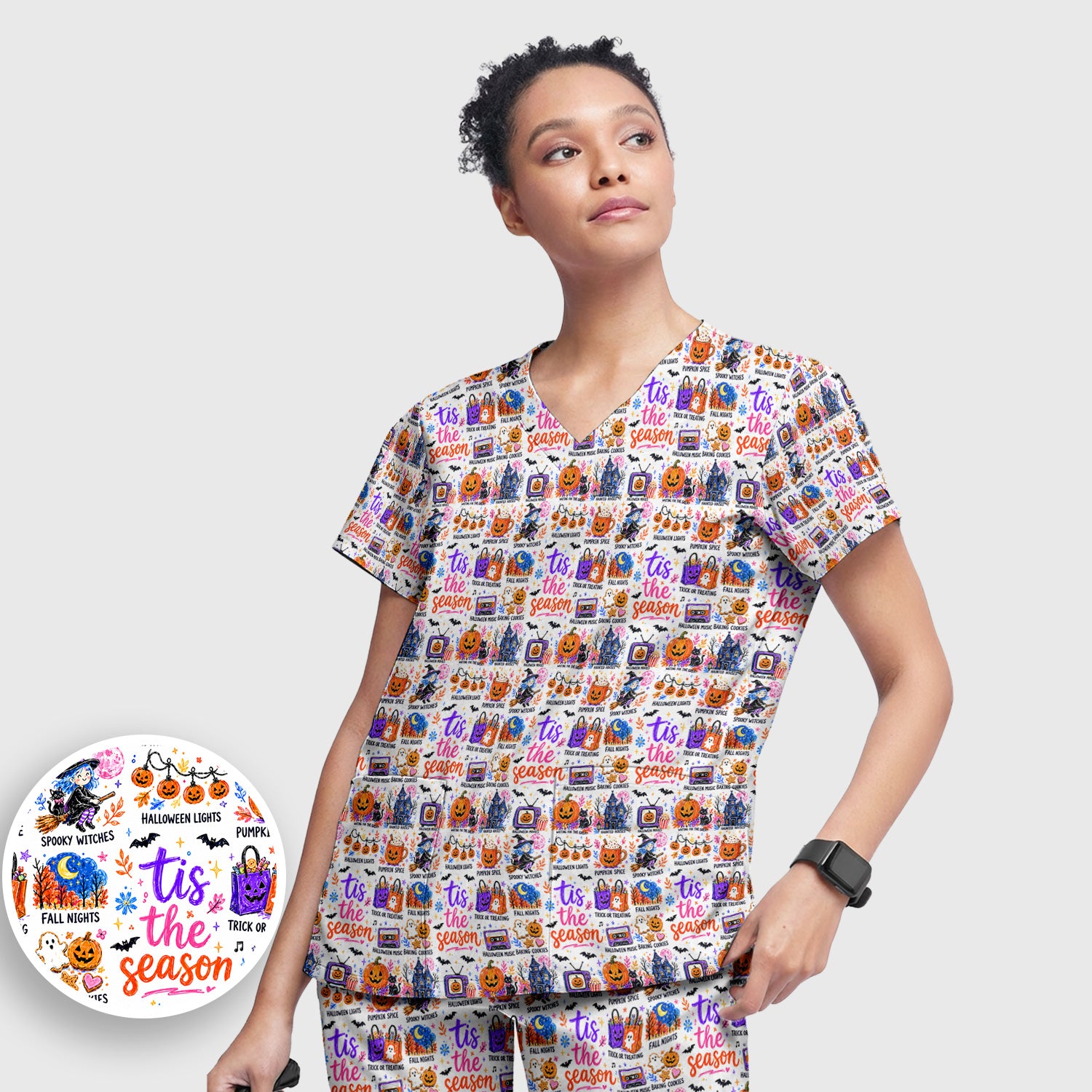 Pumpkin Ghost Spooky Season Print Scrub Set, Scrub Pants and V Neck Top