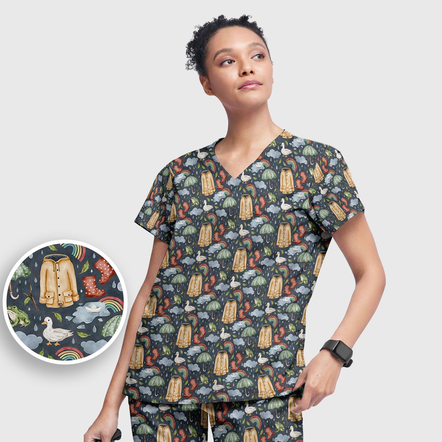 Cute Rainy Day Ducks & Frog Rainbow Pattern Scrub Set, Scrub Pants and V Neck Top