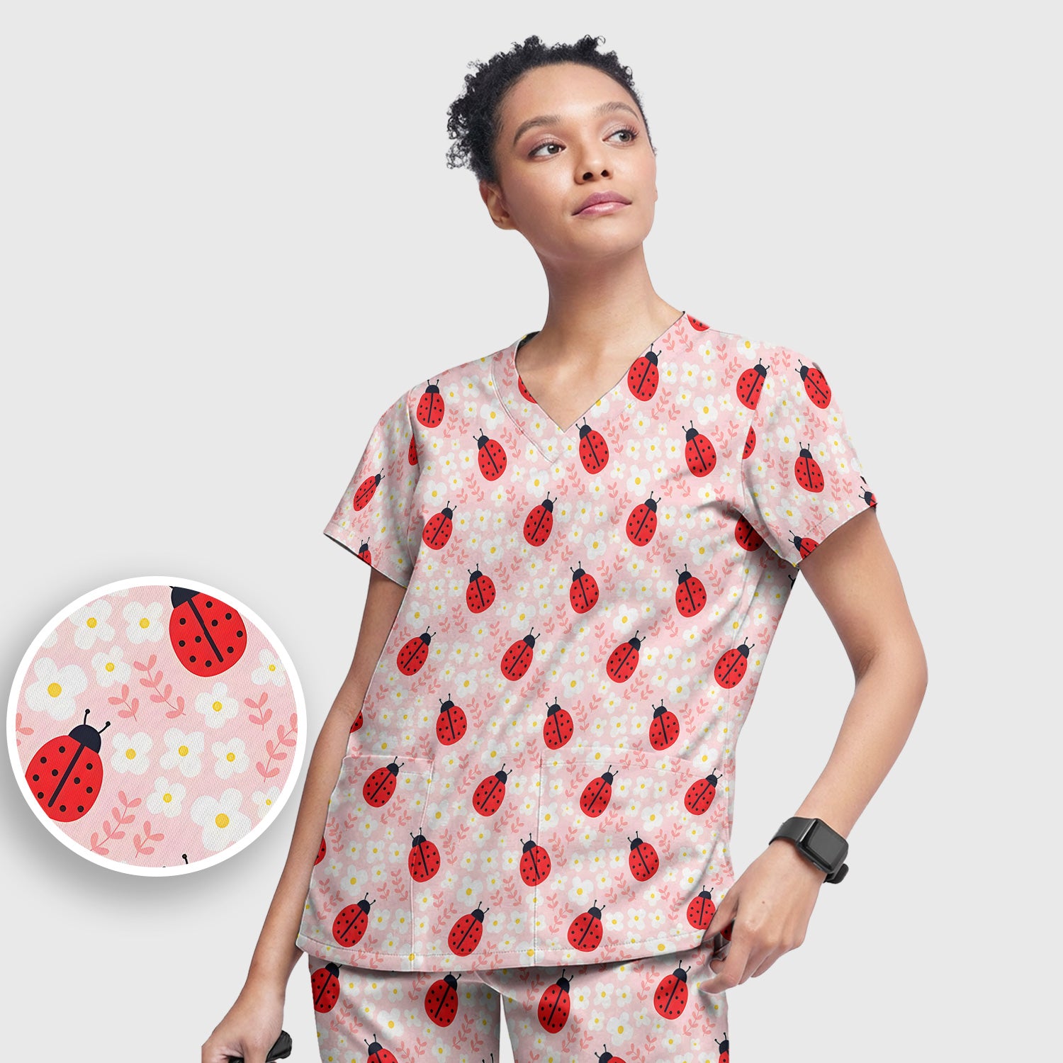 Cute Ladybug Blossom Print Scrub Set, Scrub Pants and V Neck Top