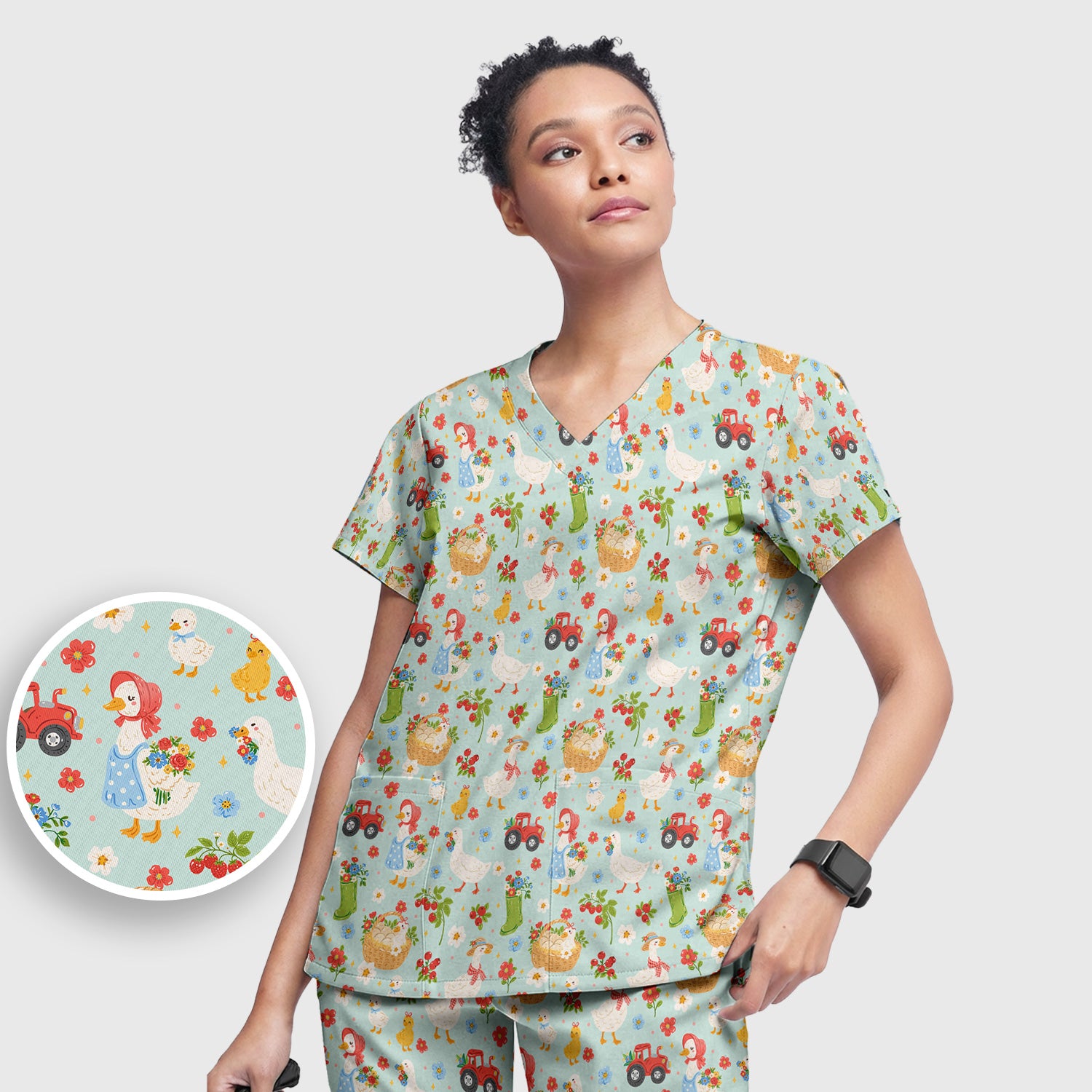 Farm Duck Chicken Tractor Flower Basket Scrub Top, Breathable Fabrics Nursing Uniform