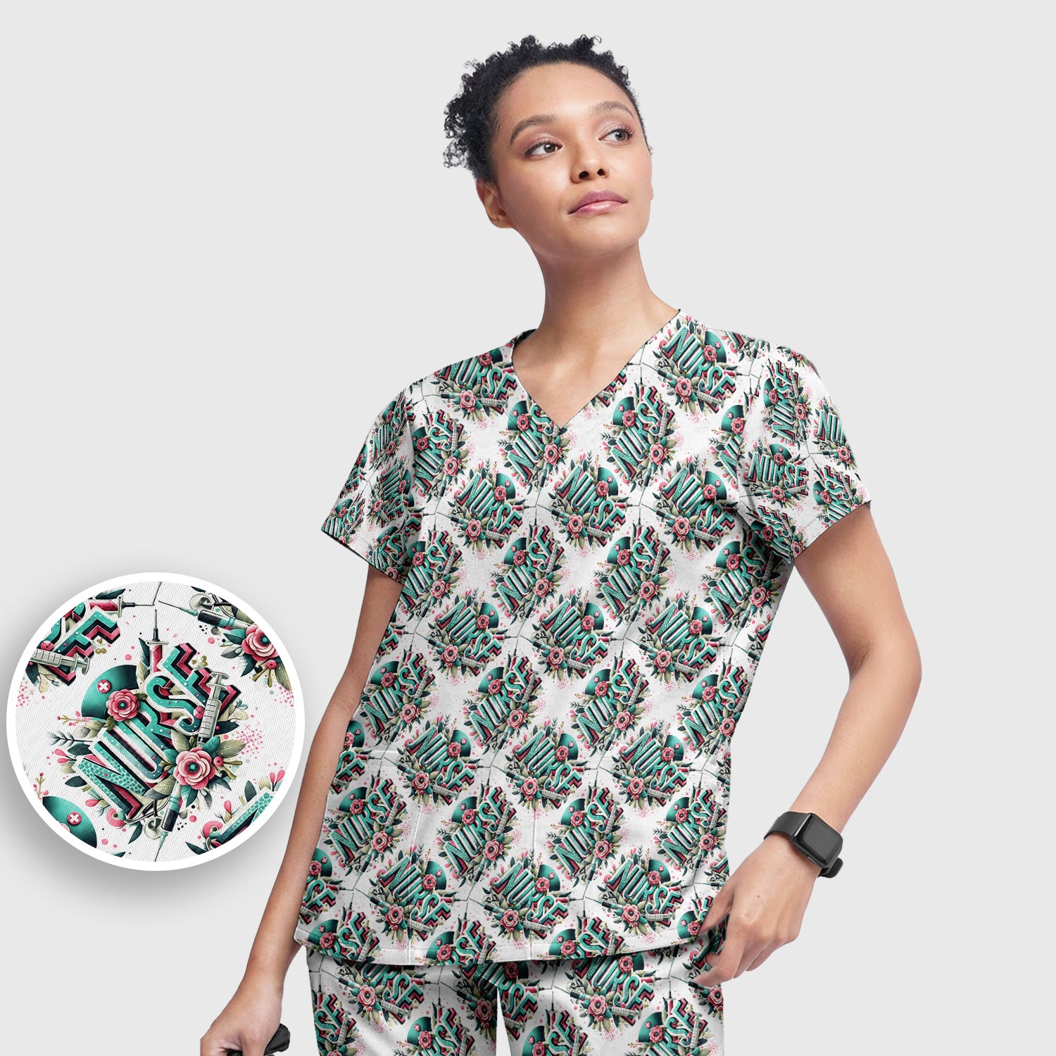 Cute Nurse Typography Floral Medical Pattern Scrub Set, Scrub Pants and V Neck Top