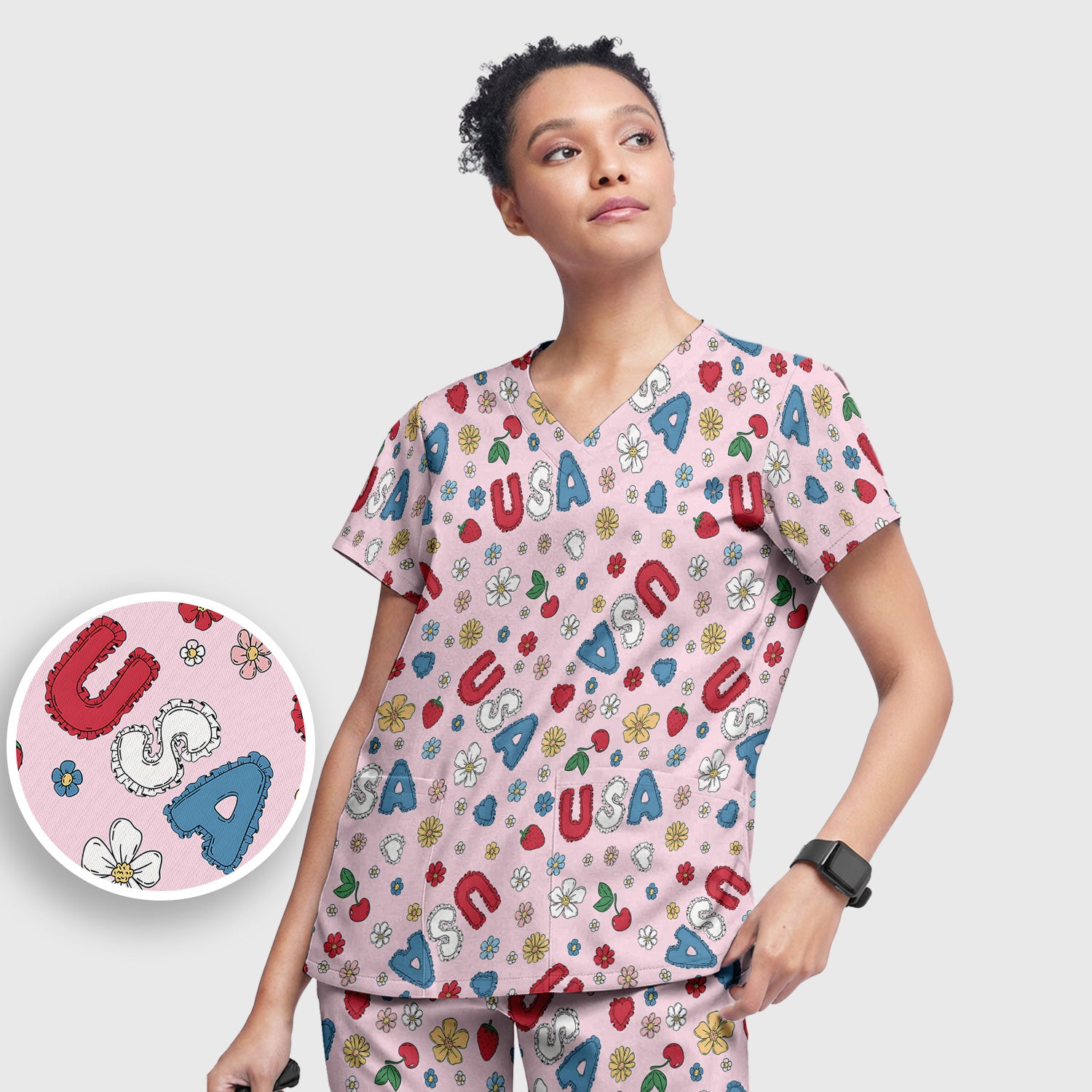 USA Cherry Strawberry Floral Patch Pattern Scrub Set, Scrub Pants and V Neck Top