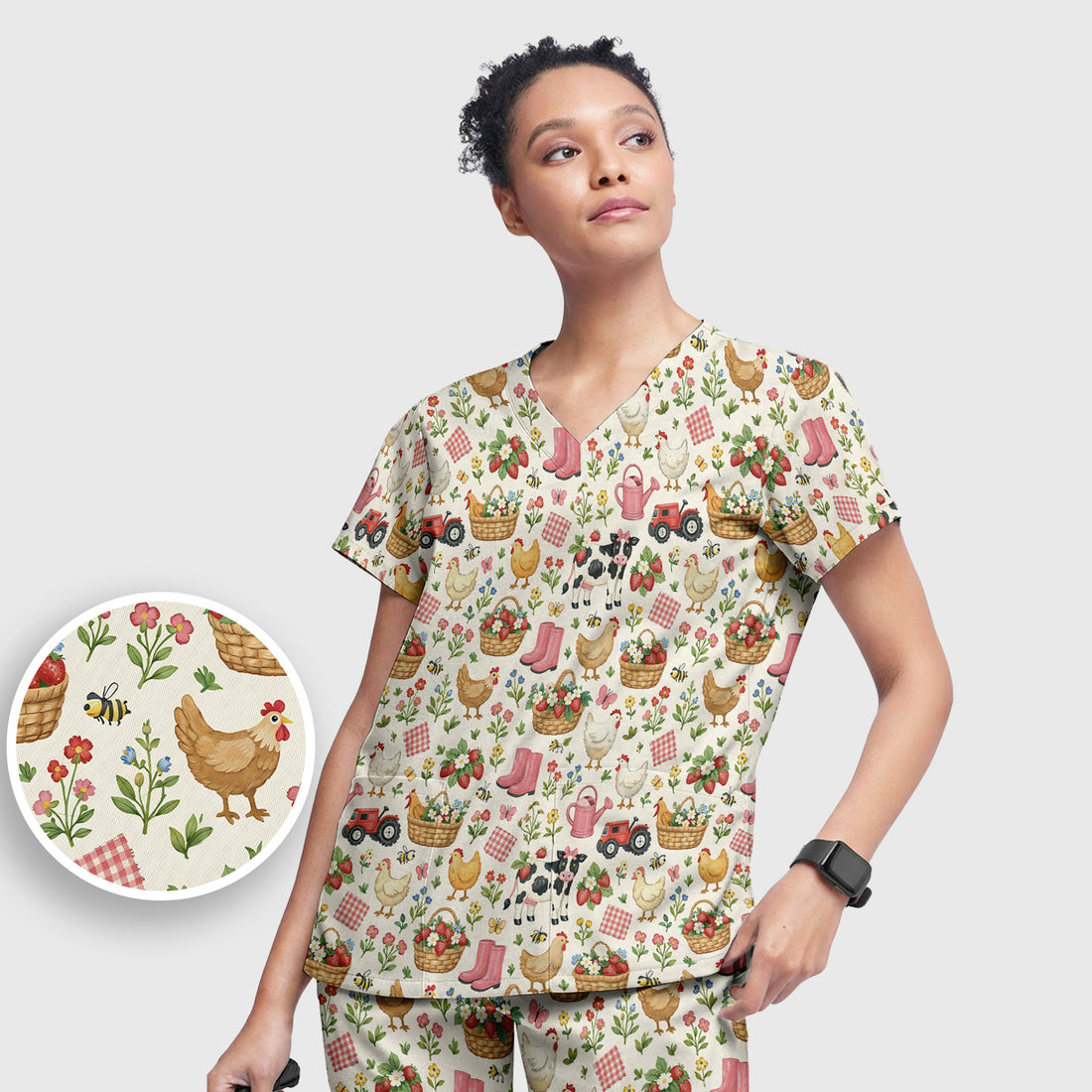 Whimsical Farm Animals Garden Pattern Scrub Set, Scrub Pants and V Neck Top