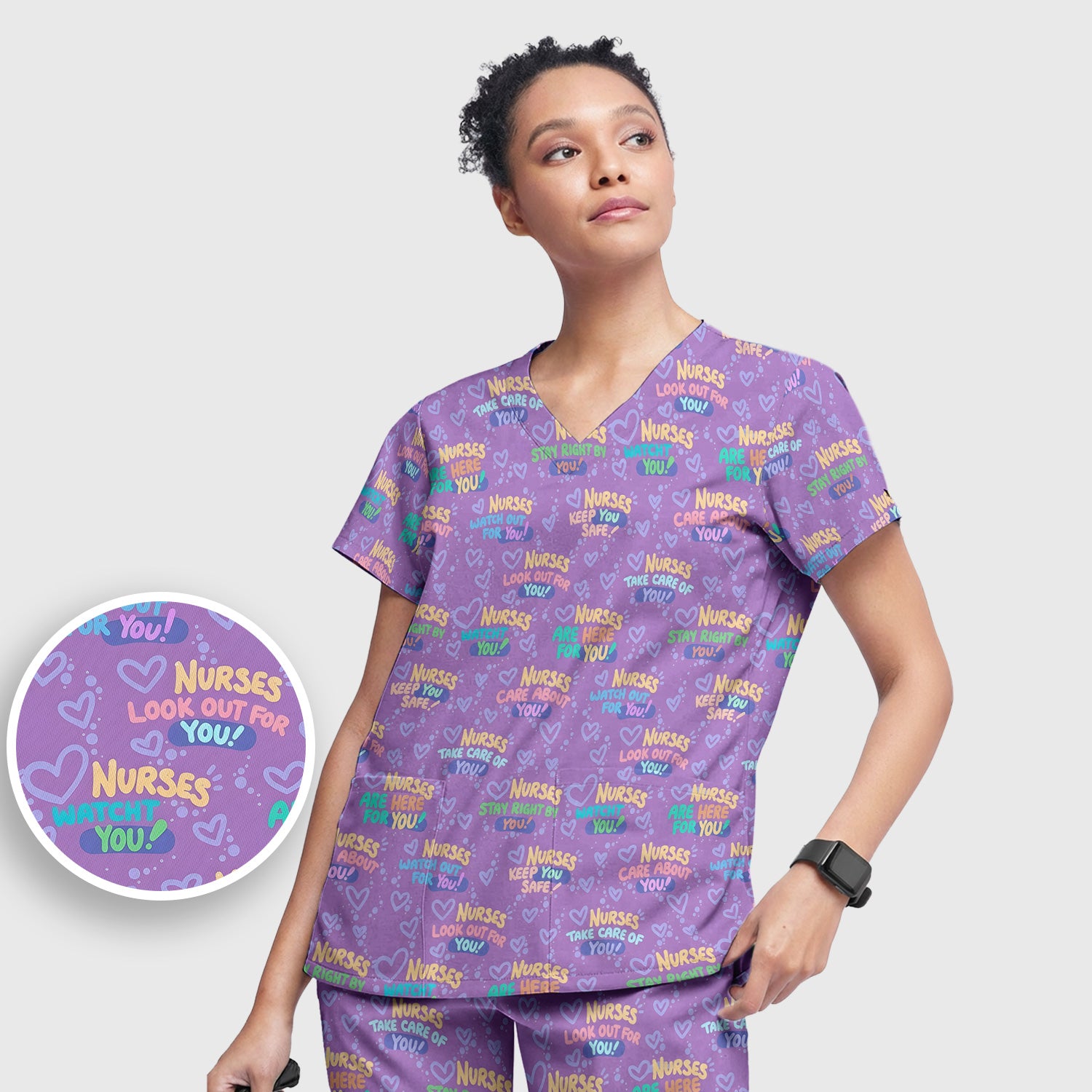 Inspirational Nurse Quote Care Message Pattern Scrub Set, Scrub Pants and V Neck Top