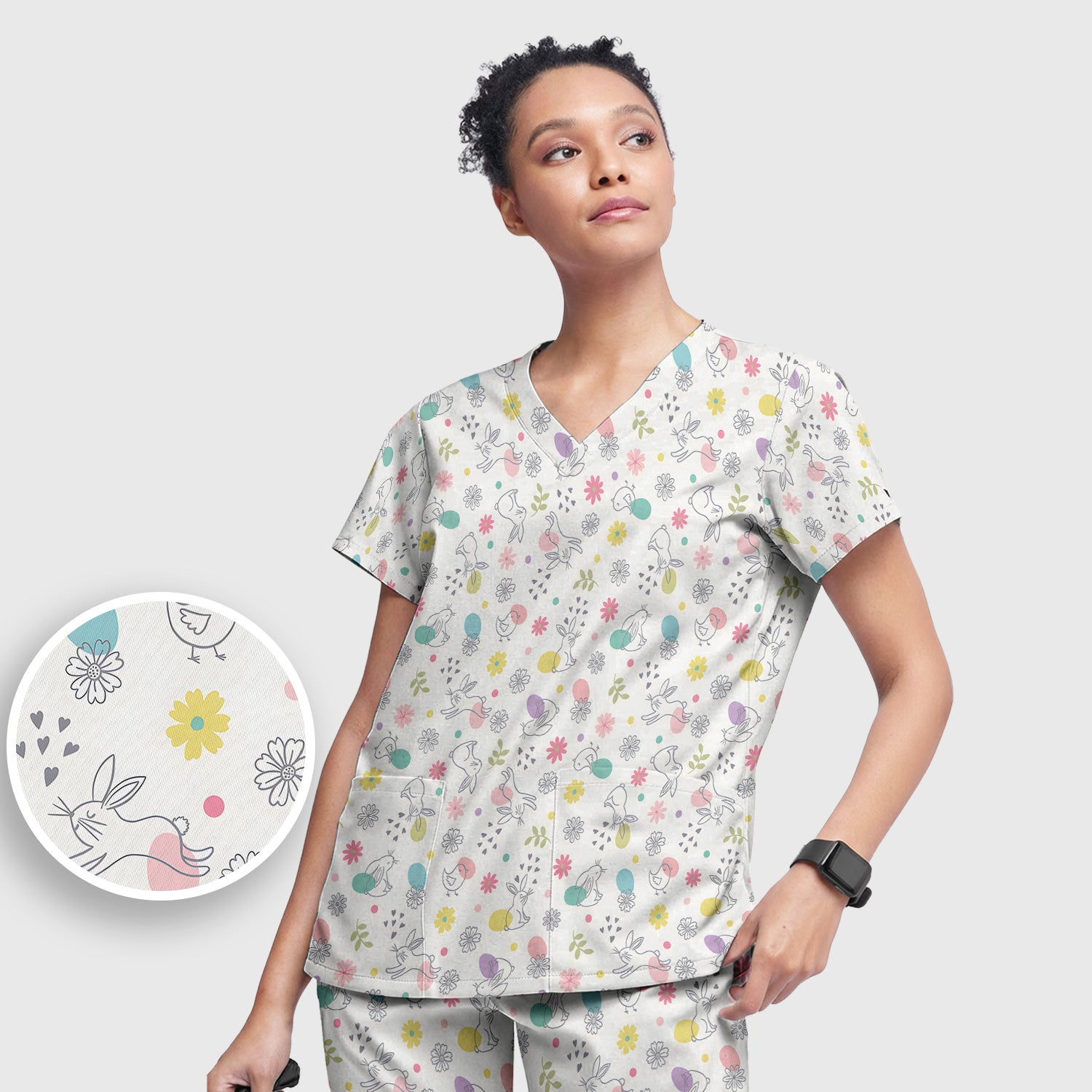 Whimsical Easter Bunny Eggs Pattern Scrub Set, Scrub Pants and V Neck Top
