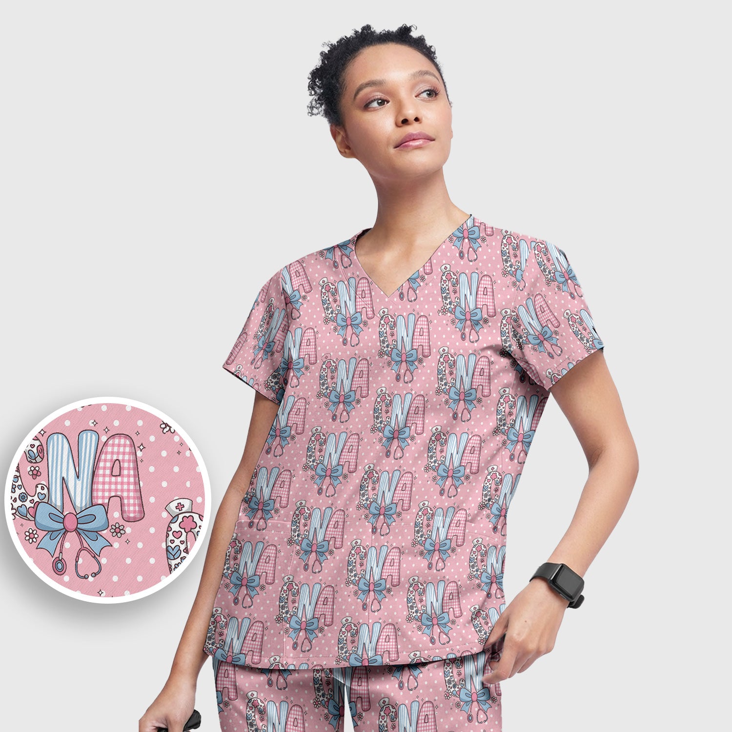 Cute CNA Floral Bow Pattern Scrub Set, Scrub Pants and V Neck Top, Breathable Med Uniform